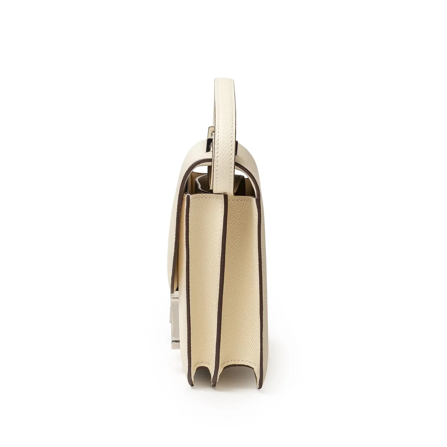 Side profile of Hermès Mini Constance 18 Nata Epsom Palladium Hardware showing structured compartments and handle detail