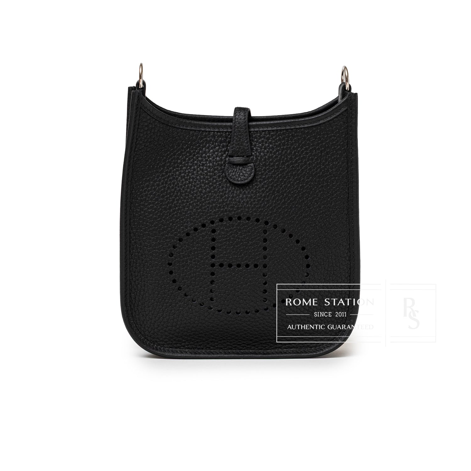 Front view of Hermès Mini Evelyne Black Clemence Palladium Hardware with perforated H logo and textured leather