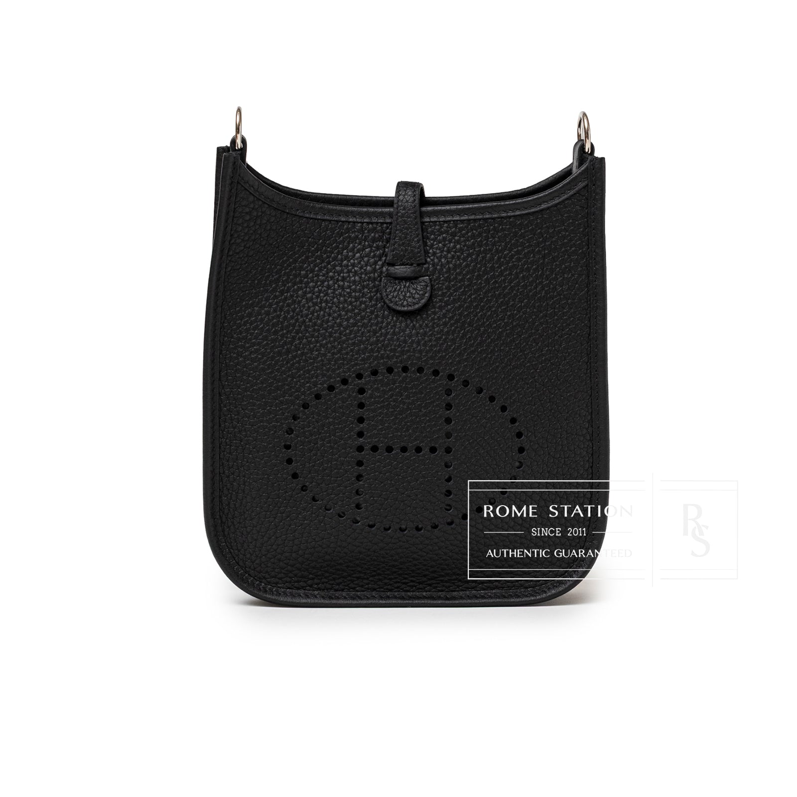 Front view of Hermès Mini Evelyne Black Clemence Palladium Hardware with perforated H logo and textured leather