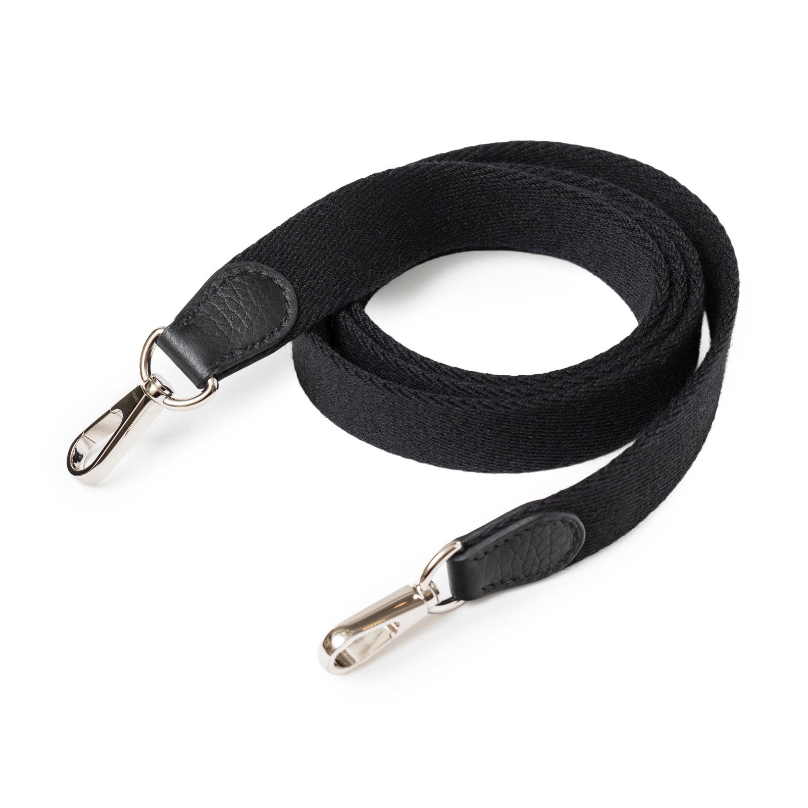 Black woven strap with leather ends and palladium hardware clips for Hermès Mini Evelyne Black Clemence Palladium Hardware