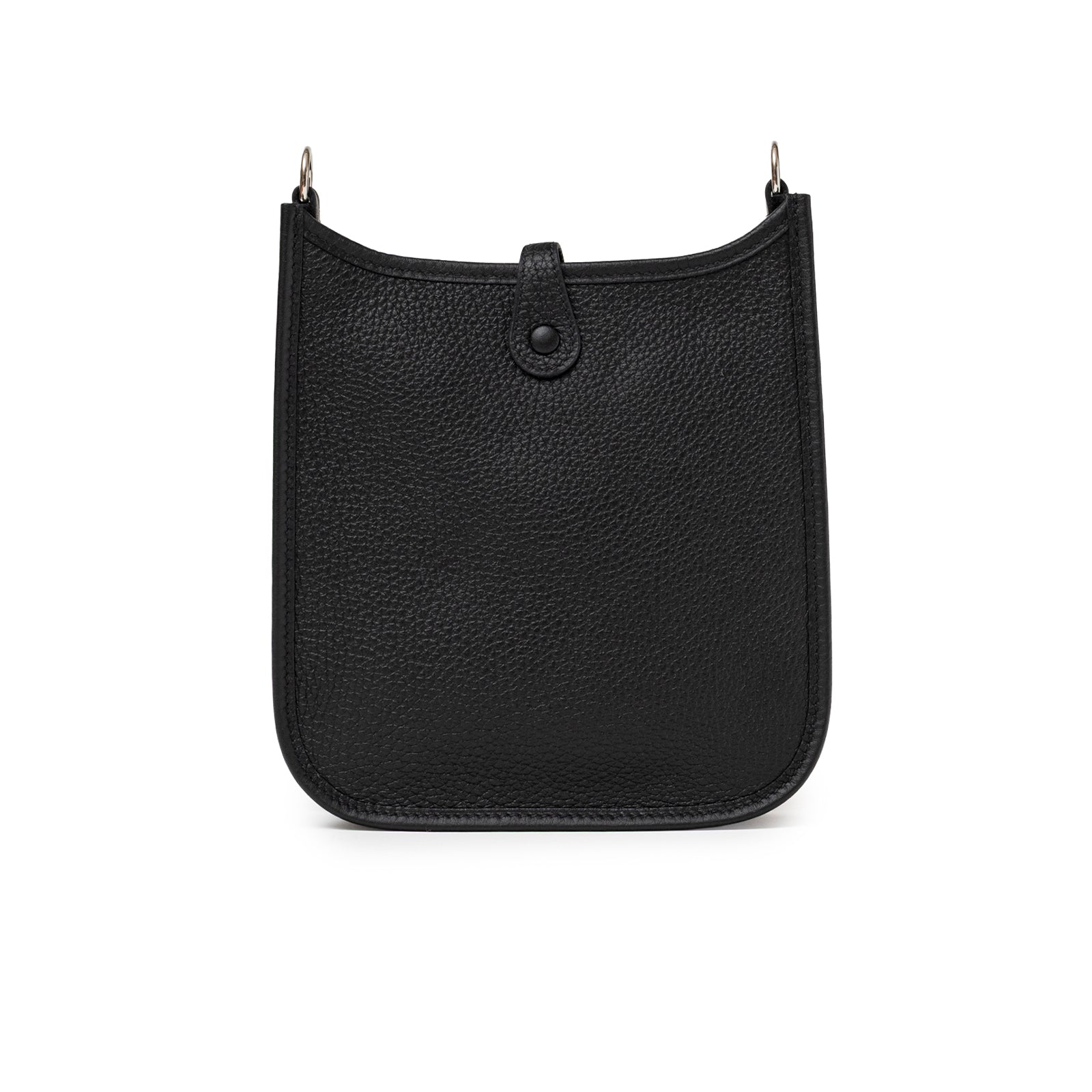 Back view of Hermès Mini Evelyne Black Clemence Palladium Hardware with textured leather and tab closure detail
