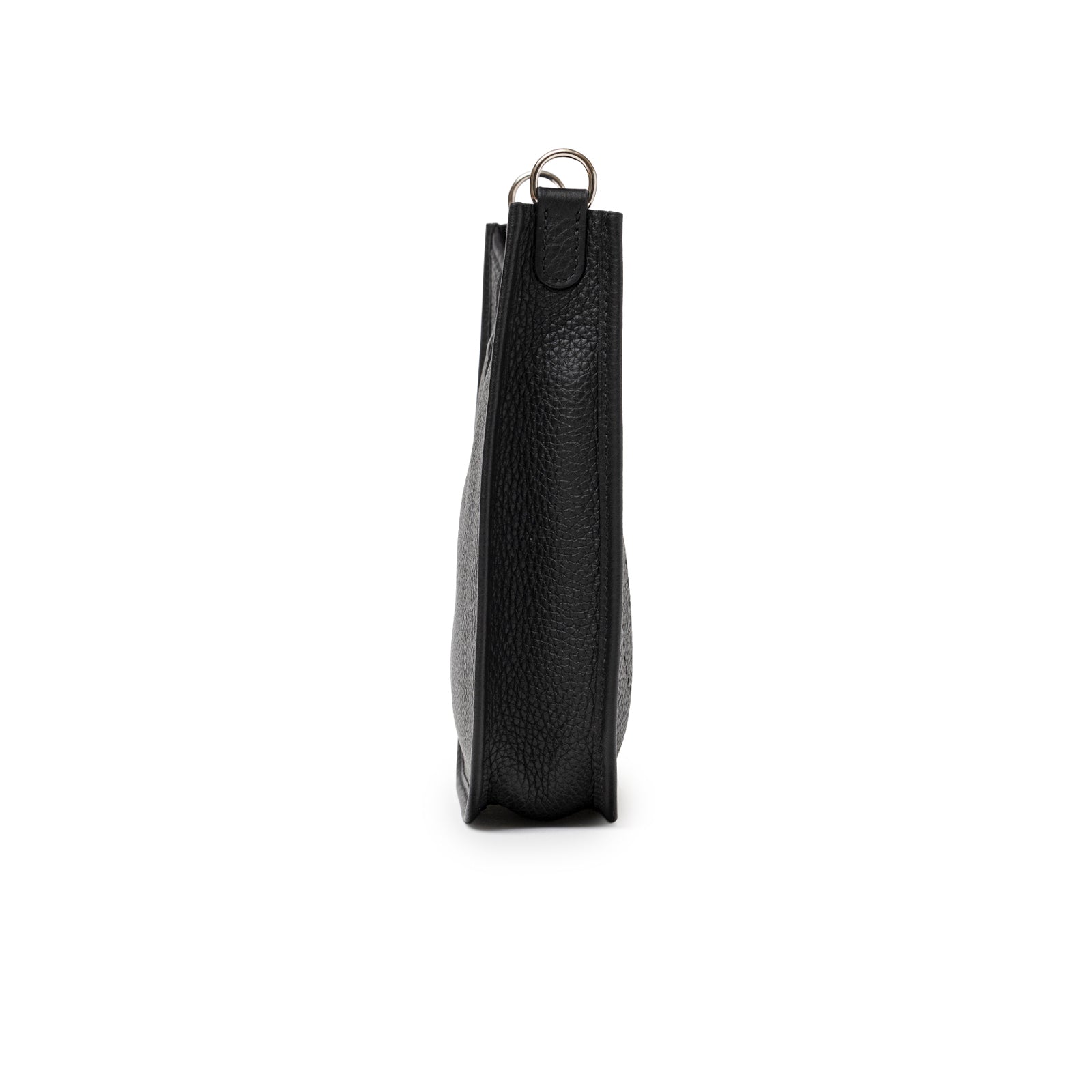 Side view of Hermès Mini Evelyne Black Clemence Palladium Hardware showcasing textured leather and slim profile