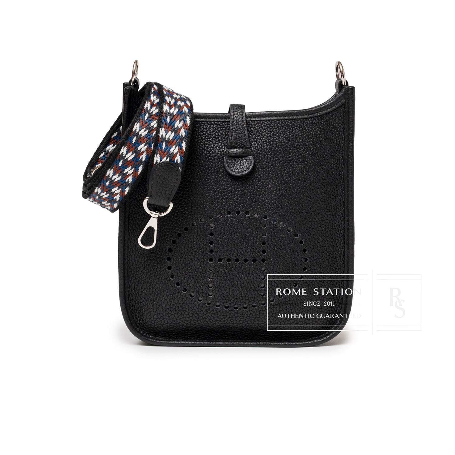 Front view of Hermès Mini Evelyne Caban Blue Zellige Indigo Clemence Palladium Hardware with patterned strap detail