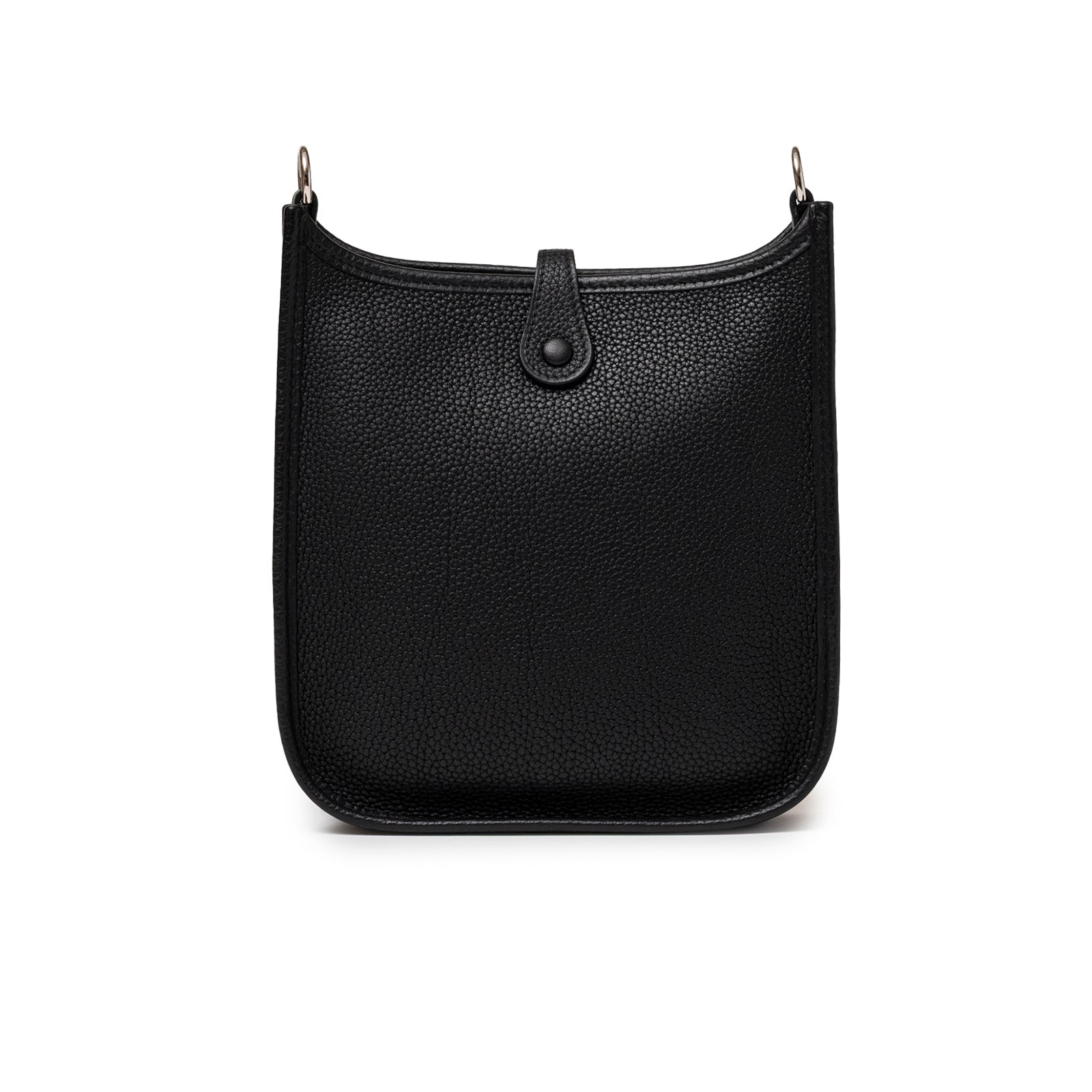 Back view of Hermès Mini Evelyne Caban Blue Zellige Indigo Clemence Palladium Hardware showing pebbled leather texture