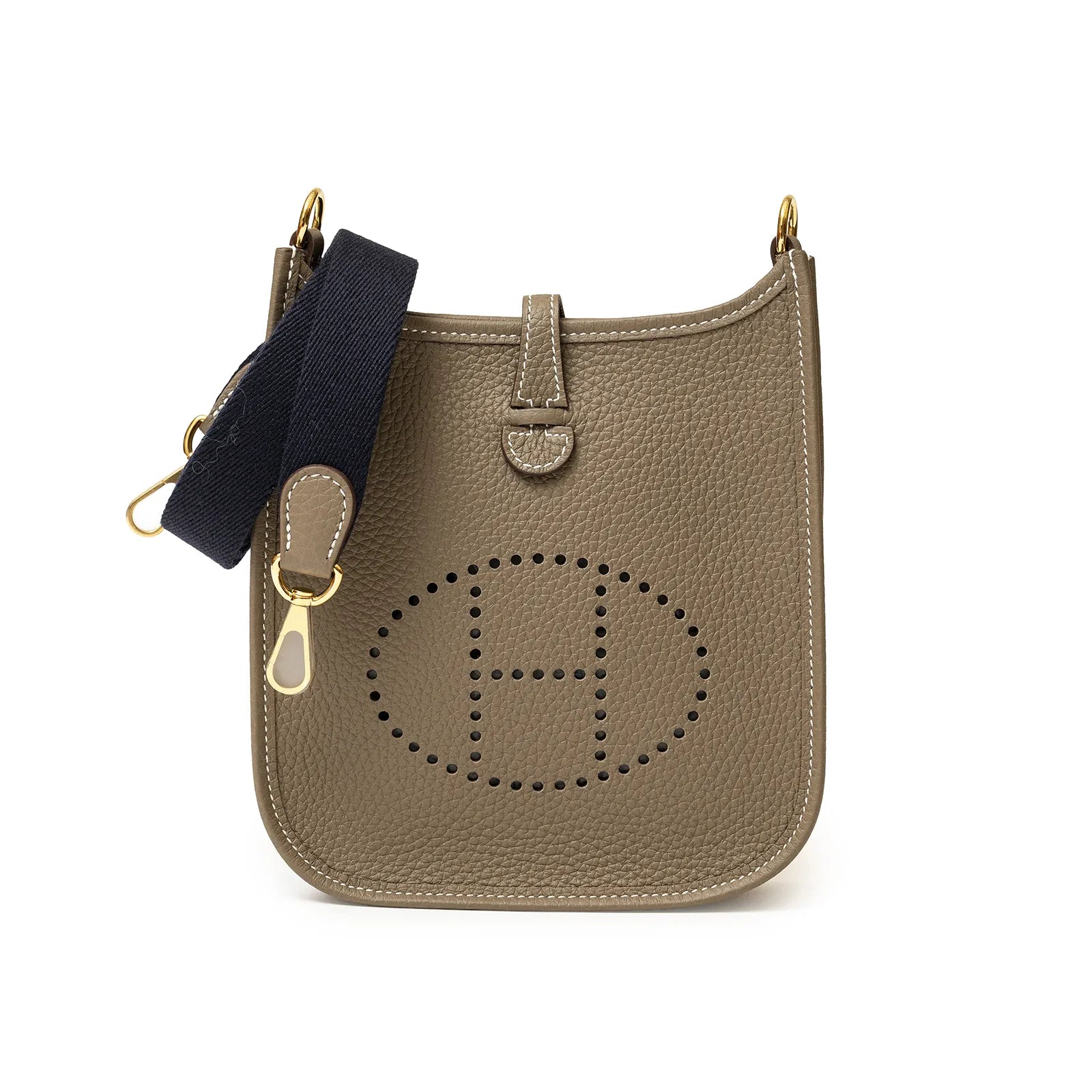 Hermès Mini Evelyne Etoupe/Blue Indigo Clemence Gold Hardware
