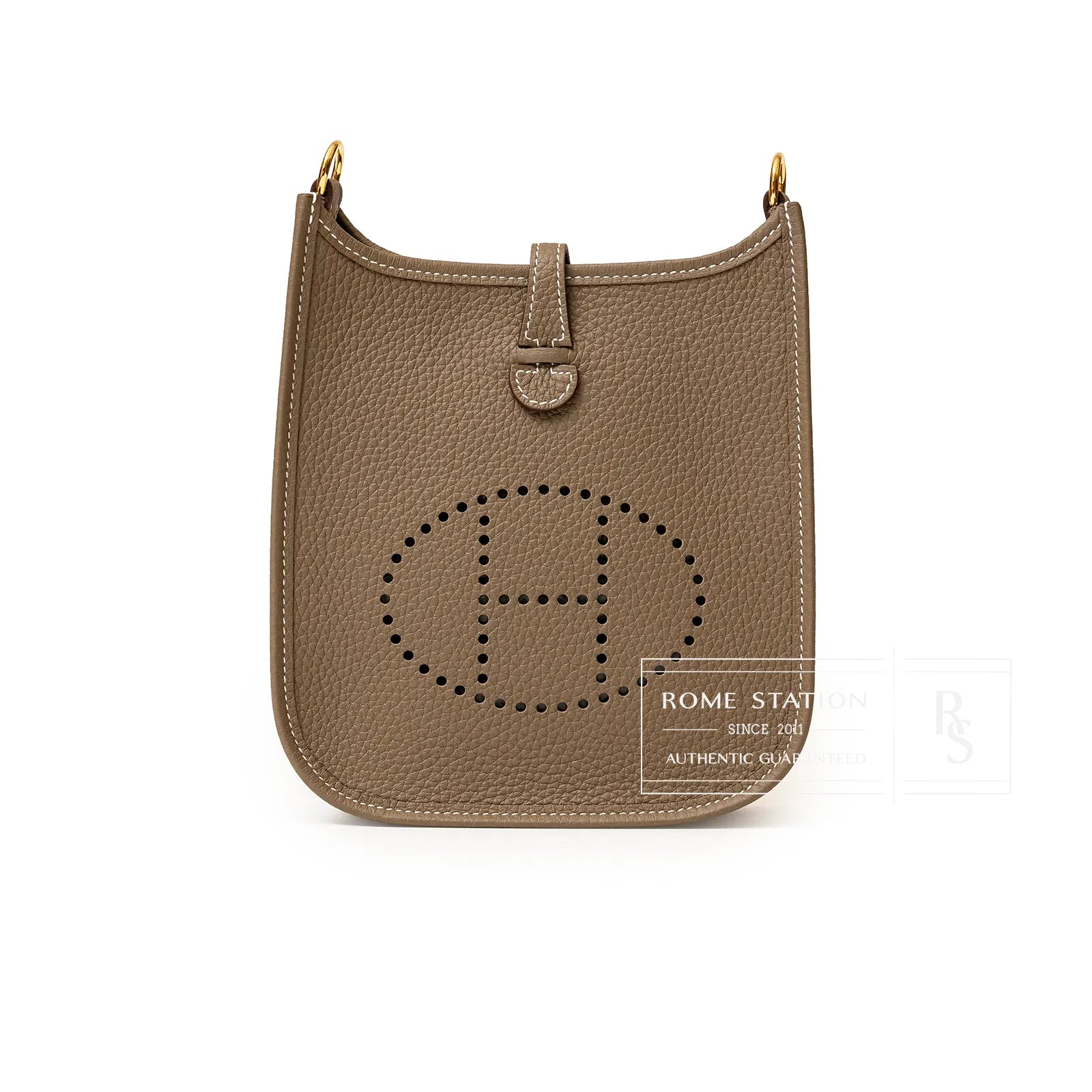 Hermès Mini Evelyne Etoupe/Blue Indigo Clemence Gold Hardware