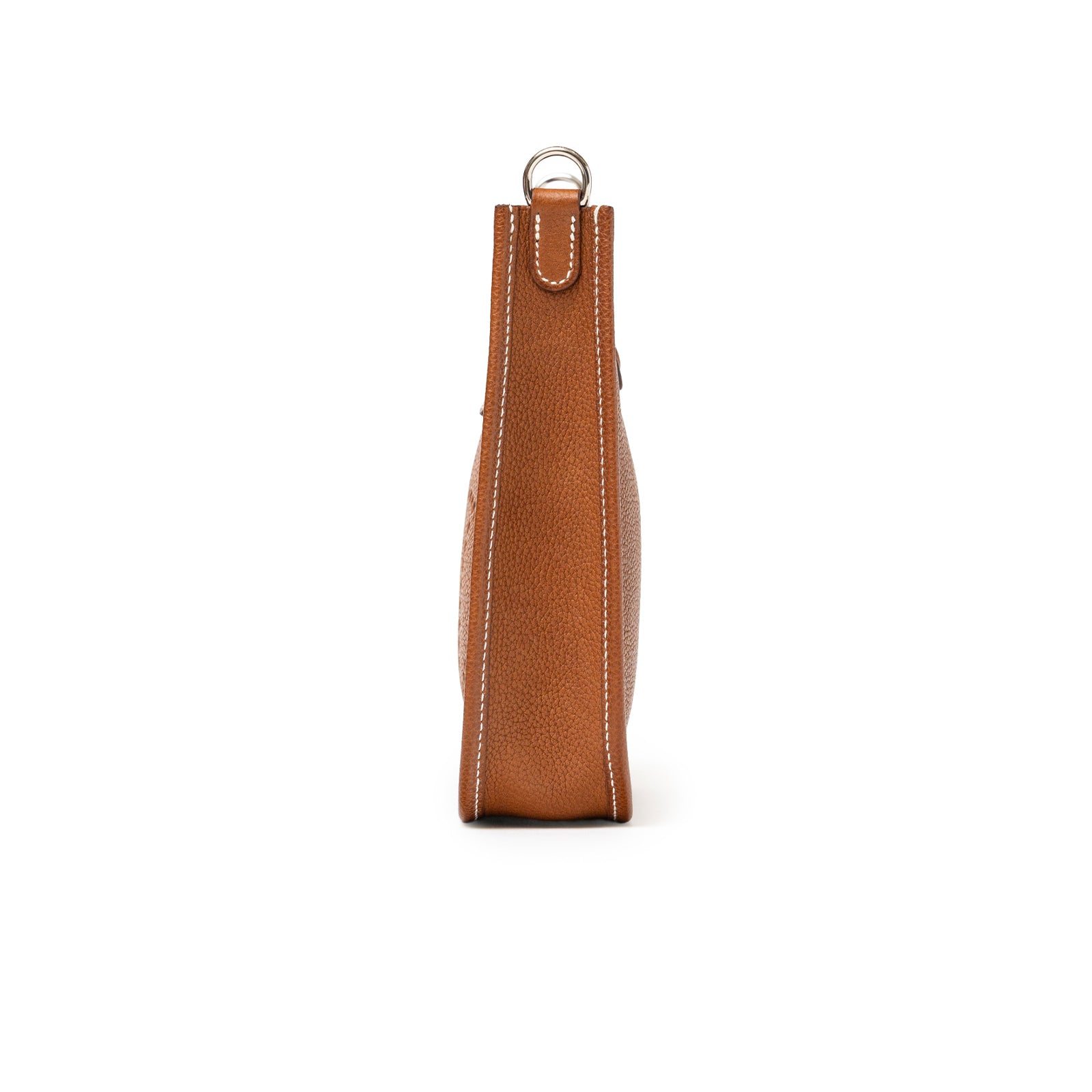 Side view of Hermès Mini Evelyne Fauve Barenia Palladium Hardware showing textured leather and stitching detail