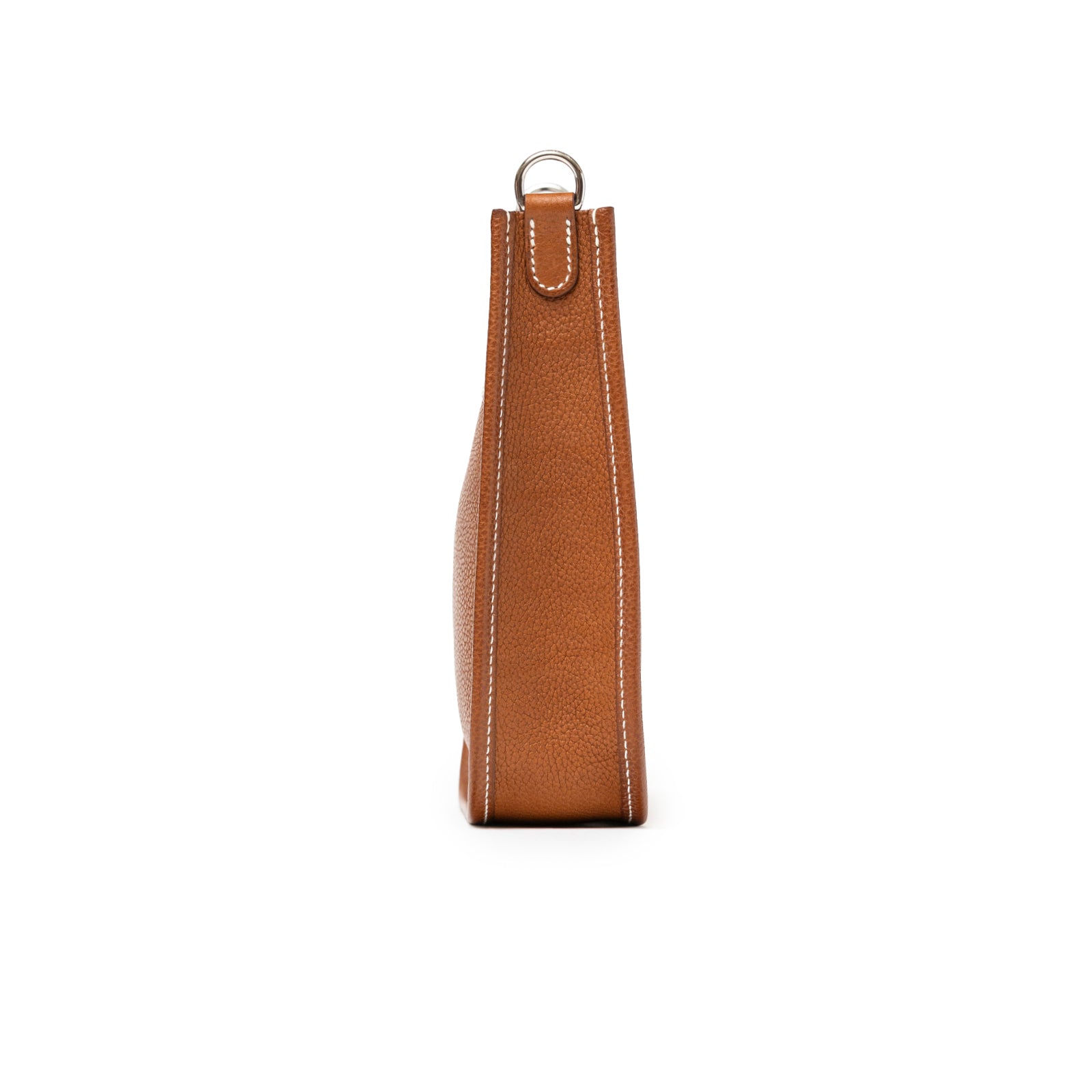 Side profile of Hermès Mini Evelyne Fauve Barenia Palladium Hardware highlighting textured leather and stitching detail