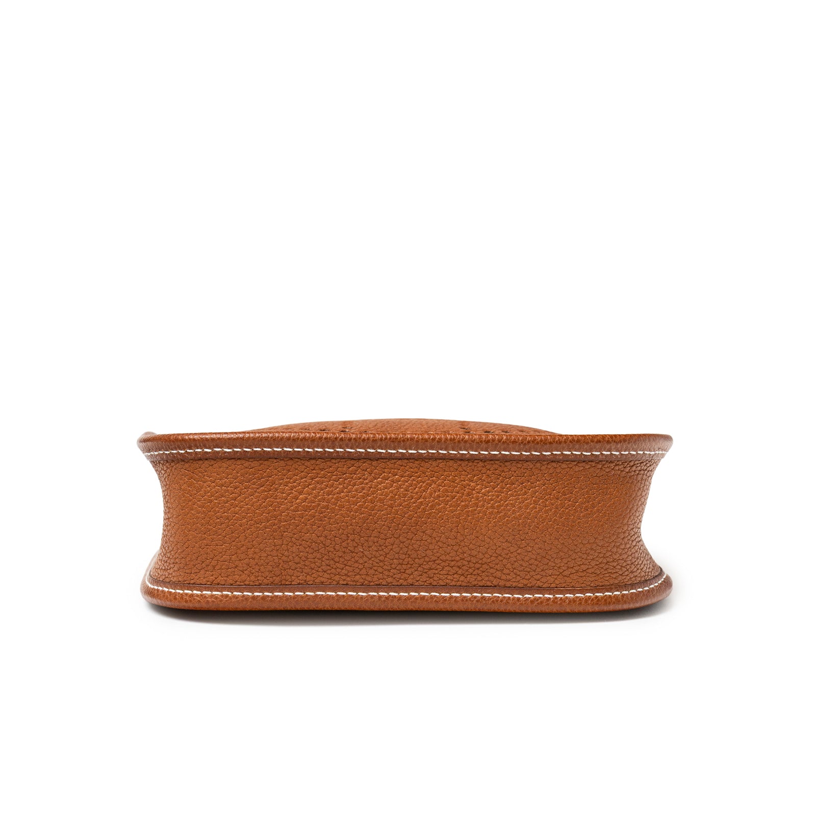 Bottom view showing textured leather and precise white stitching of Hermès Mini Evelyne Fauve Barenia Palladium Hardware bag
