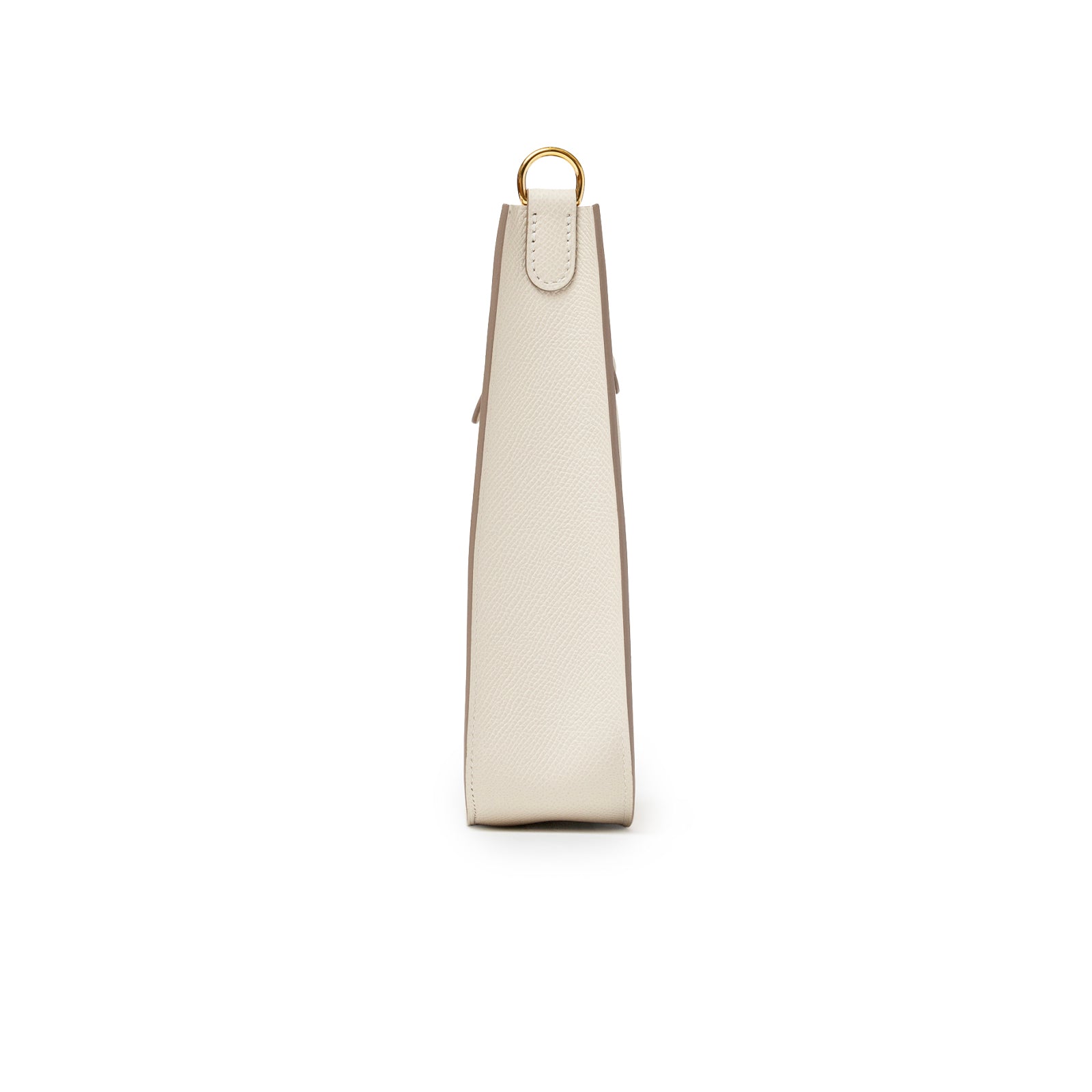 Side profile of Hermès Mini Evelyne Sellier Craie Epsom Gold Hardware showing slim structured silhouette