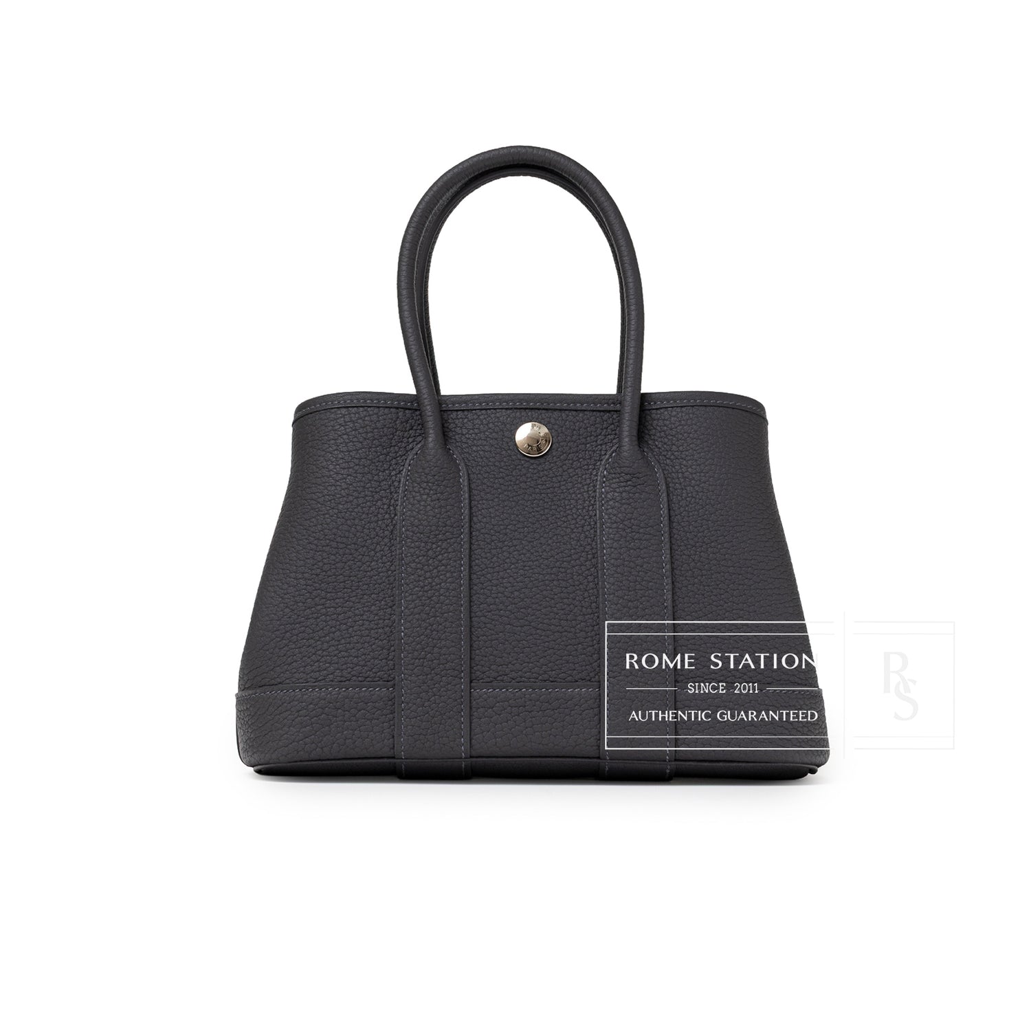 Front view of Hermès Mini Garden Party Neo 23 Ardoise Negonda Palladium Hardware in textured leather with silver button closure