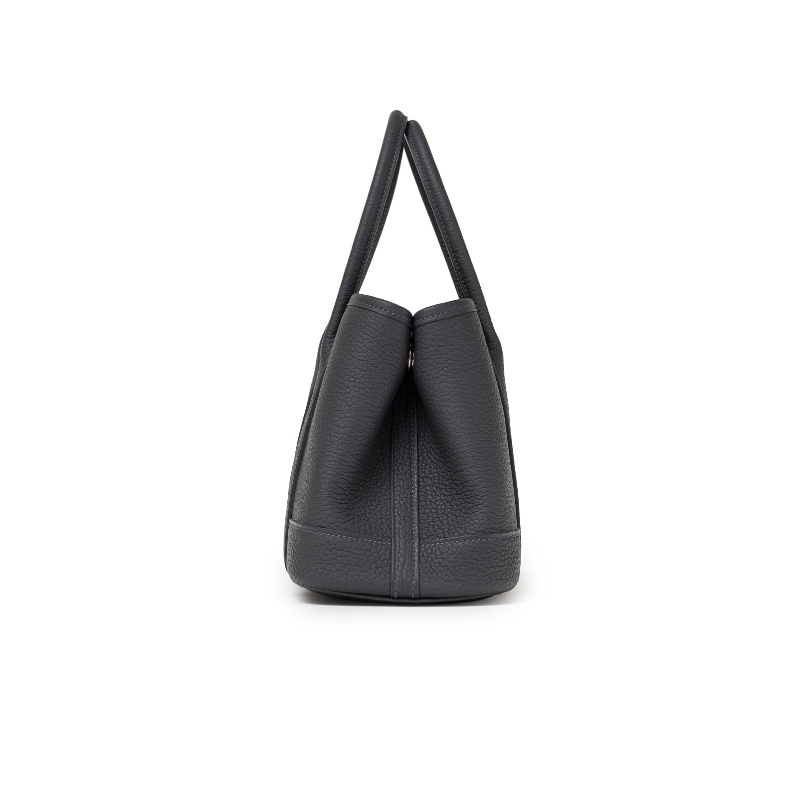 Side profile of Hermès Mini Garden Party Neo 23 Ardoise Negonda Palladium Hardware handbag in textured leather