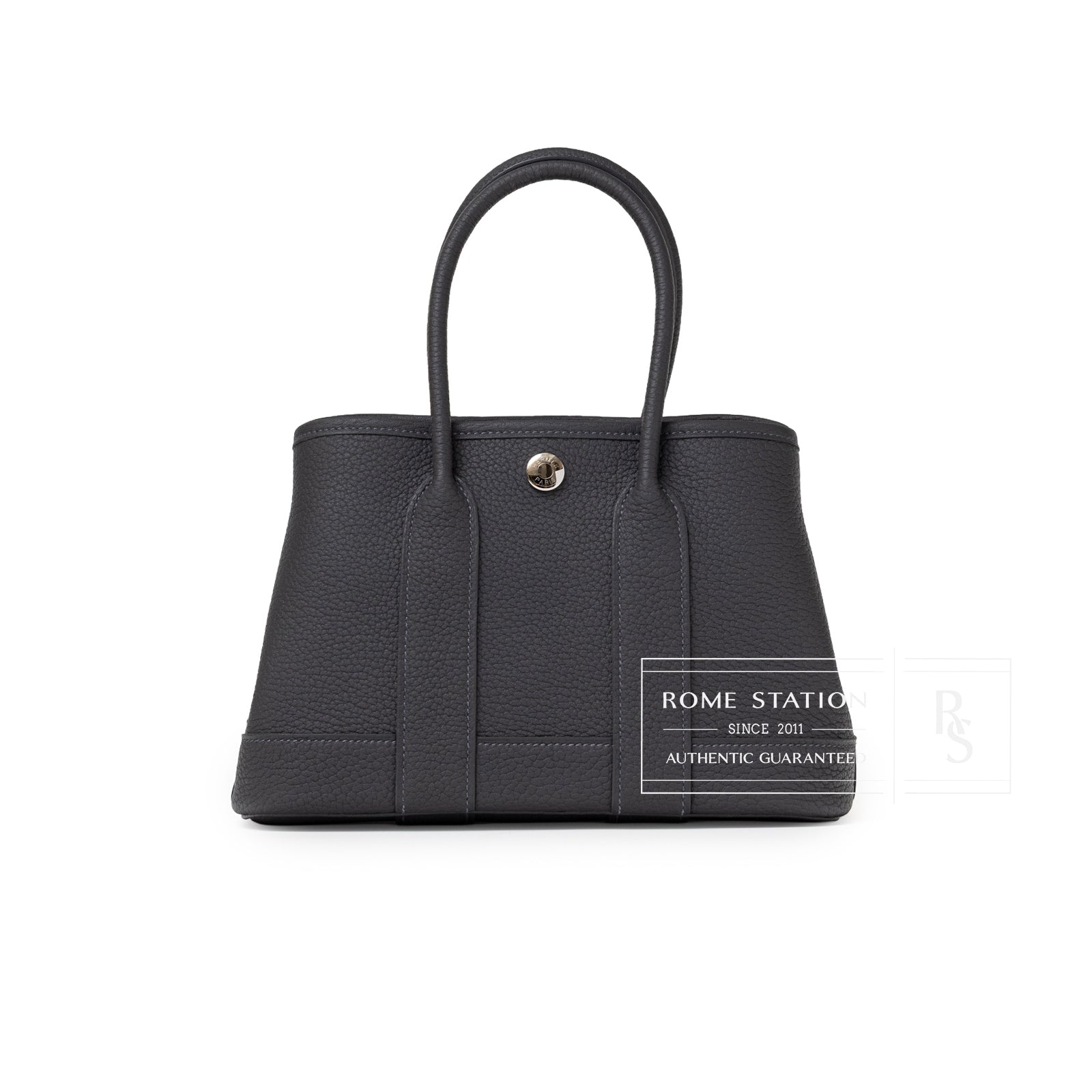 Back view of Hermès Mini Garden Party Neo 23 Ardoise Negonda Palladium Hardware in textured dark leather