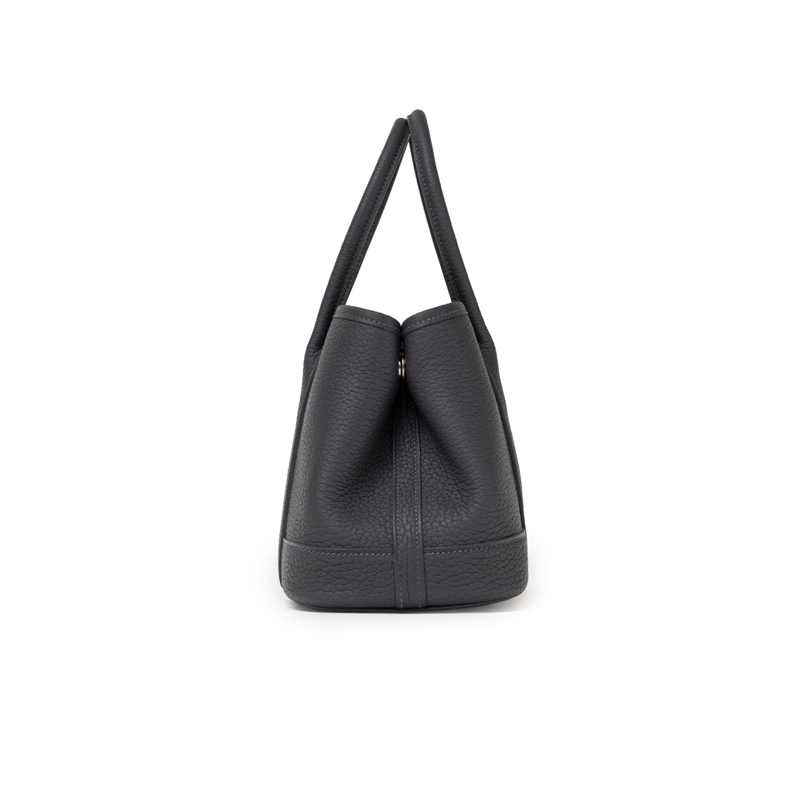 Side profile of Hermès Mini Garden Party Neo 23 Ardoise Negonda Palladium Hardware in textured dark leather