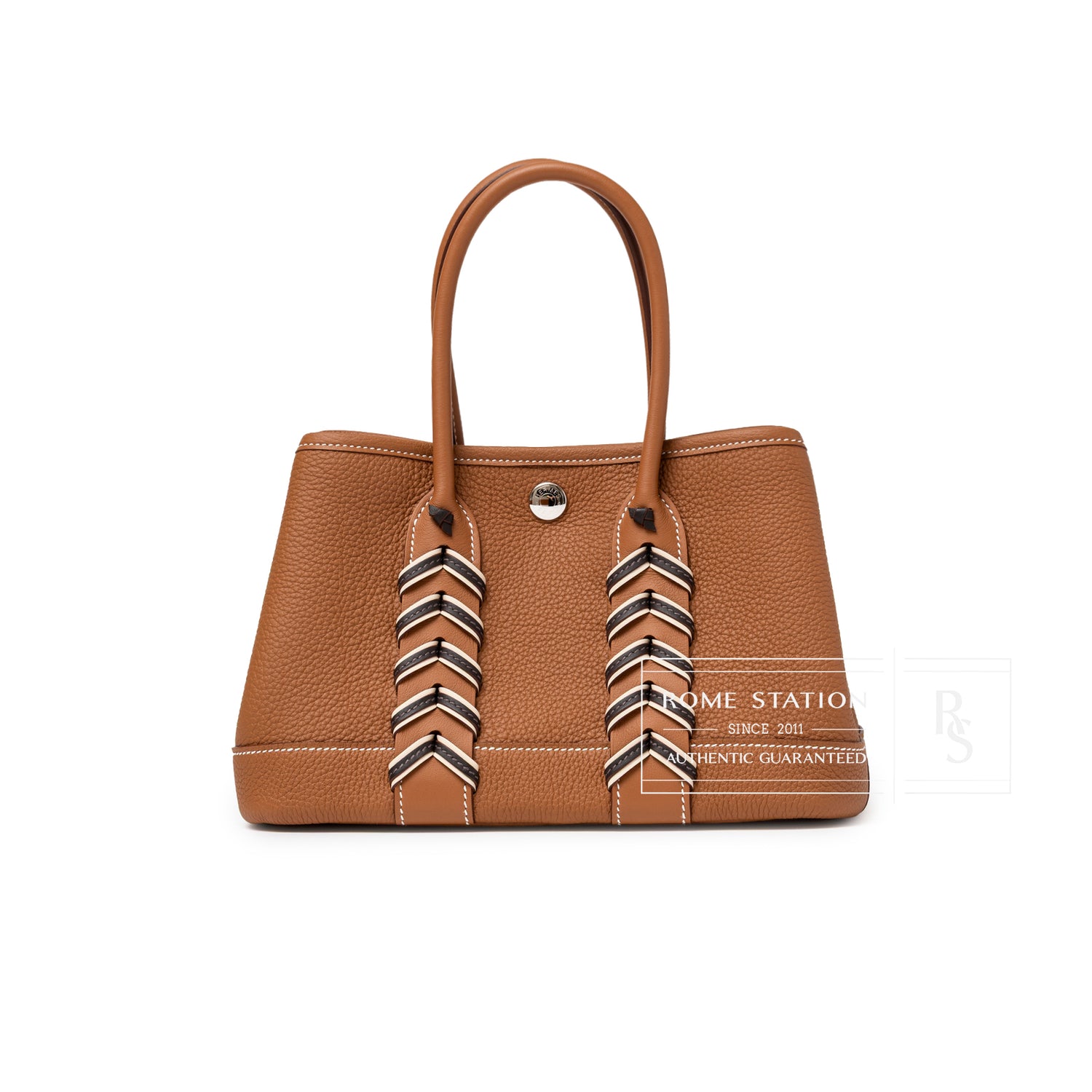 Front view of Hermès Mini Garden Party Neo 23 Bredies Gold Bai Brun Craie Togo Palladium Hardware with textured leather and stitched accents