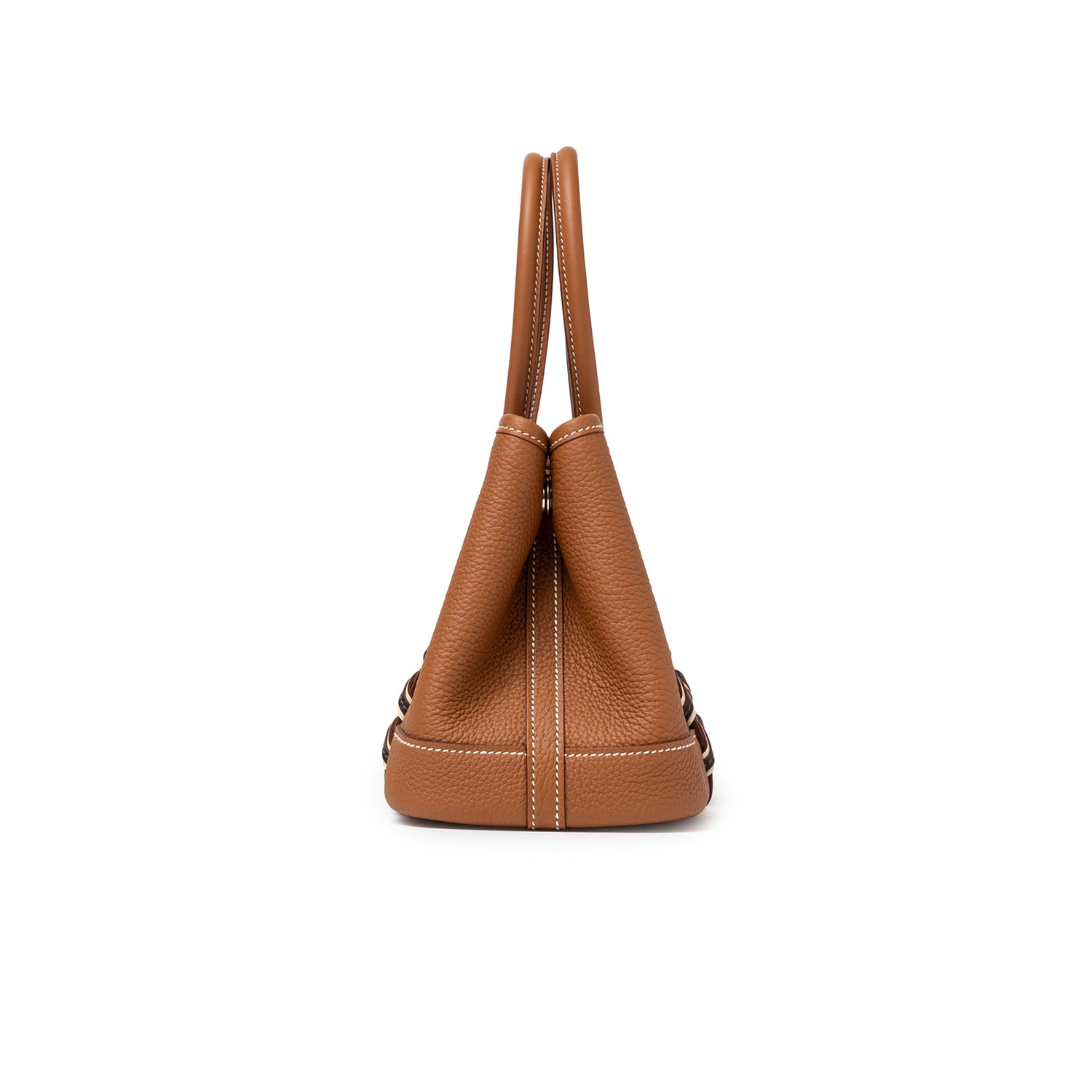 Side view of Hermès Mini Garden Party Neo 23 Bredies Gold Bai Brun Craie Togo Palladium Hardware showing leather texture and stitching details