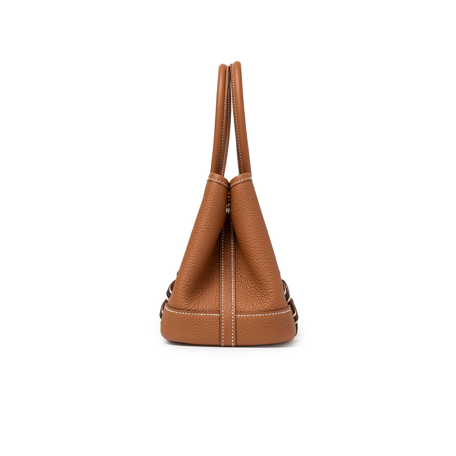 Side view of Hermès Mini Garden Party Neo 23 Bredies Gold Bai Brun Craie Togo Palladium Hardware showing leather texture and stitching details