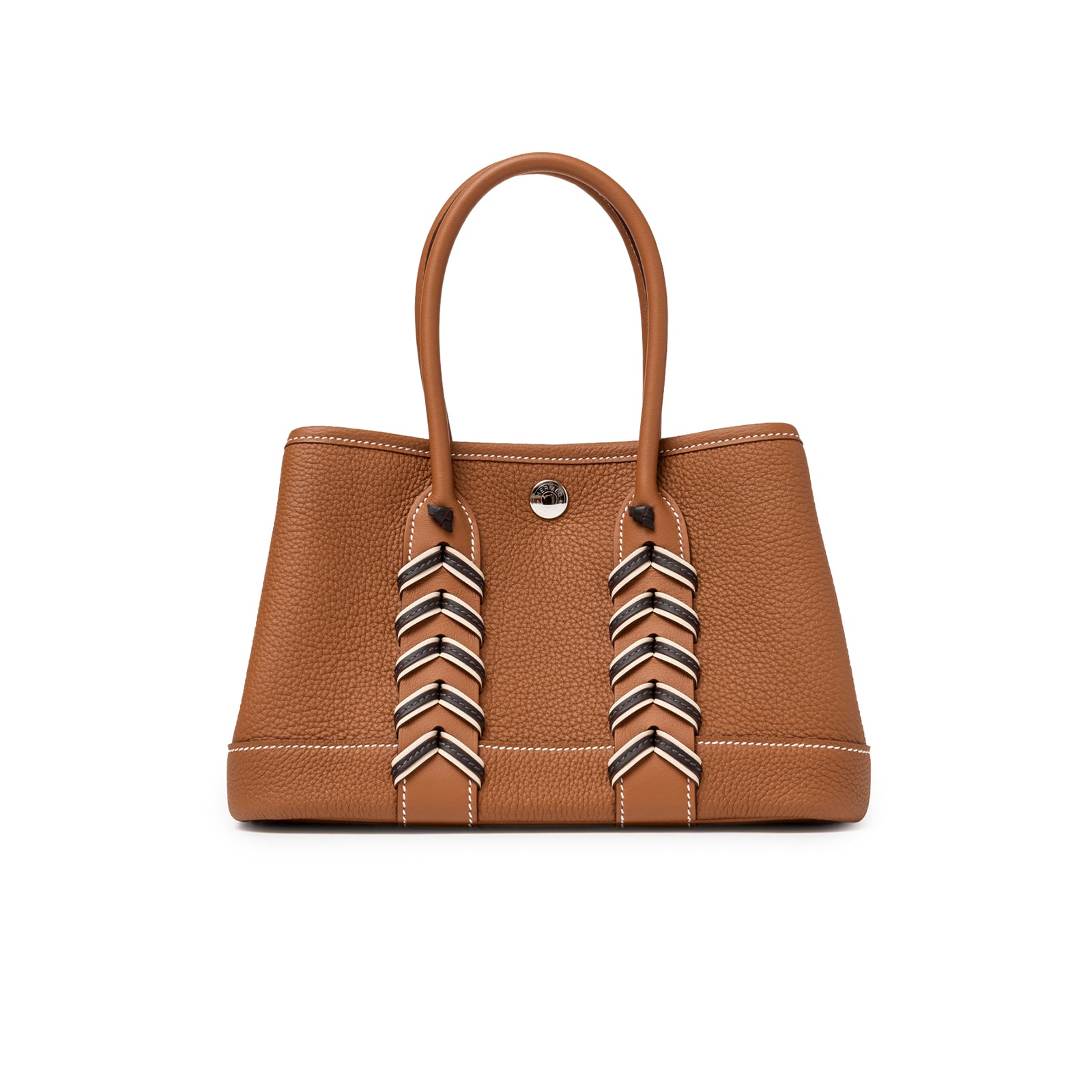 Back view of Hermès Mini Garden Party Neo 23 Bredies Gold Bai Brun Craie Togo Palladium Hardware with distinctive braided leather accents