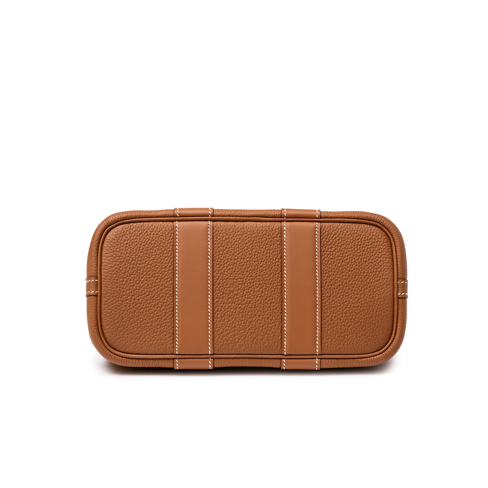 Bottom view of Hermès Mini Garden Party Neo 23 Bredies Gold Bai Brun Craie Togo Palladium Hardware showing leather texture and stitching