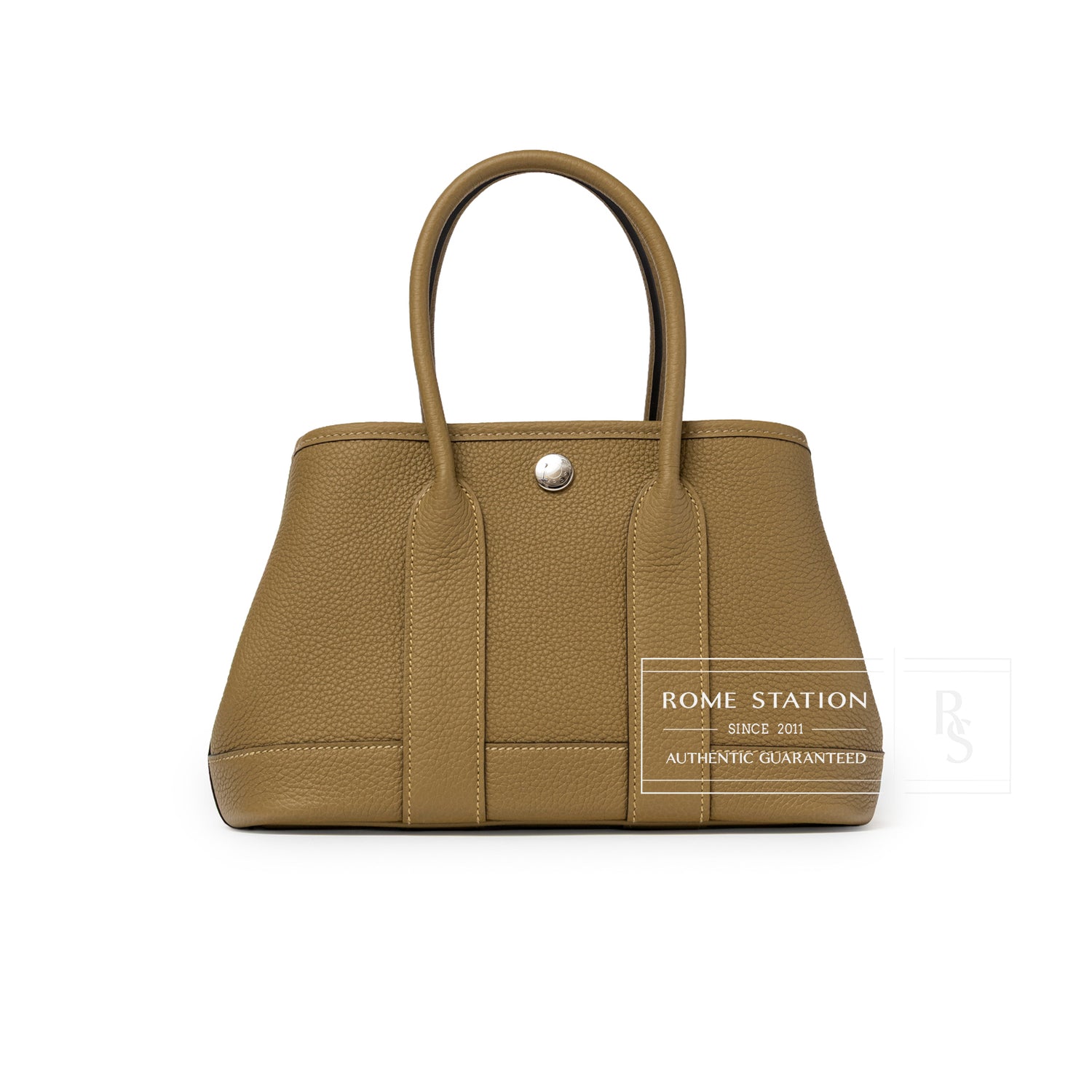 Front view of Hermès Mini Garden Party Neo 23 Dune Negonda Palladium Hardware in textured taupe leather