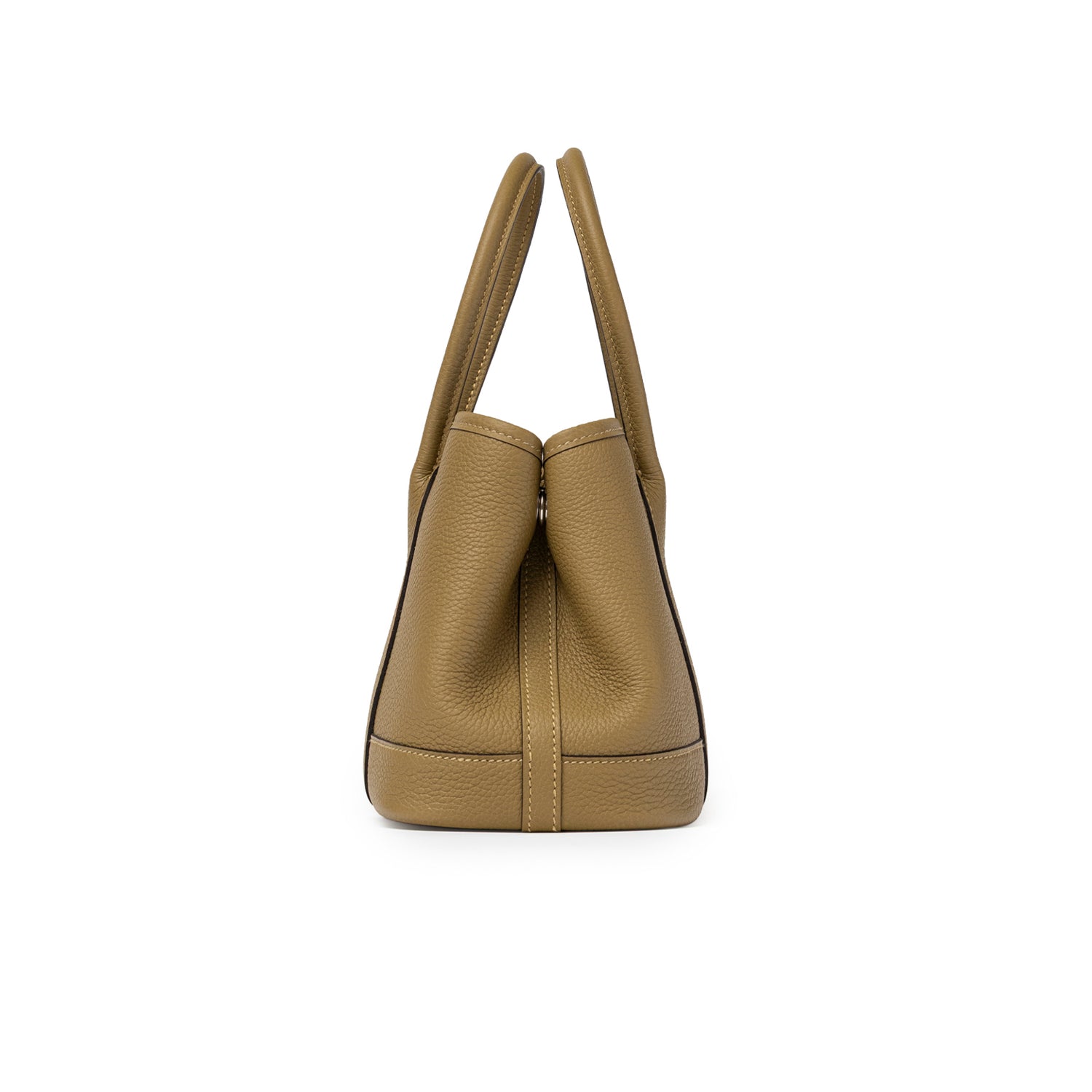 Side perspective of Hermès Mini Garden Party Neo 23 Dune Negonda Palladium Hardware in textured leather