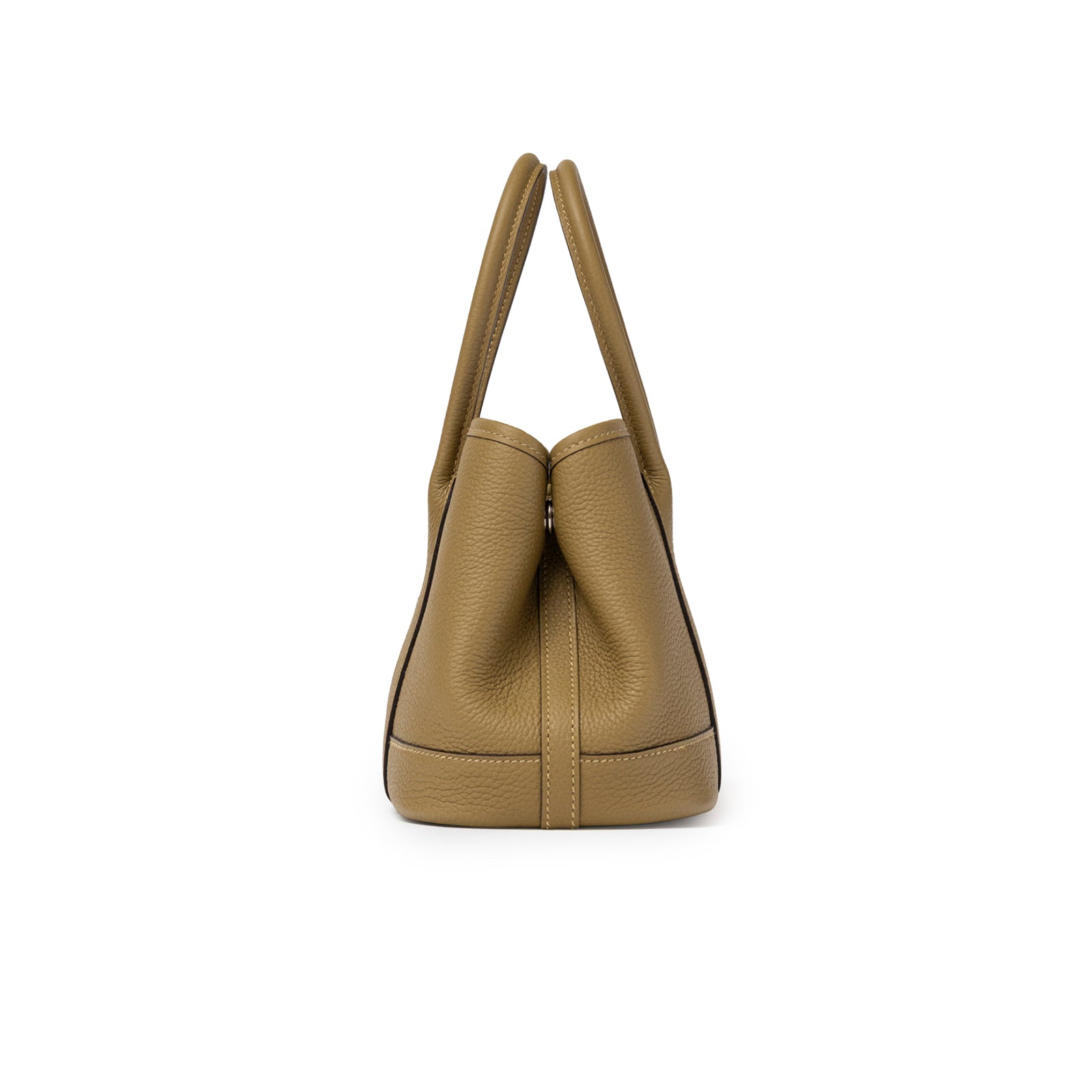 Side profile of Hermès Mini Garden Party Neo 23 Dune Negonda Palladium Hardware in textured leather