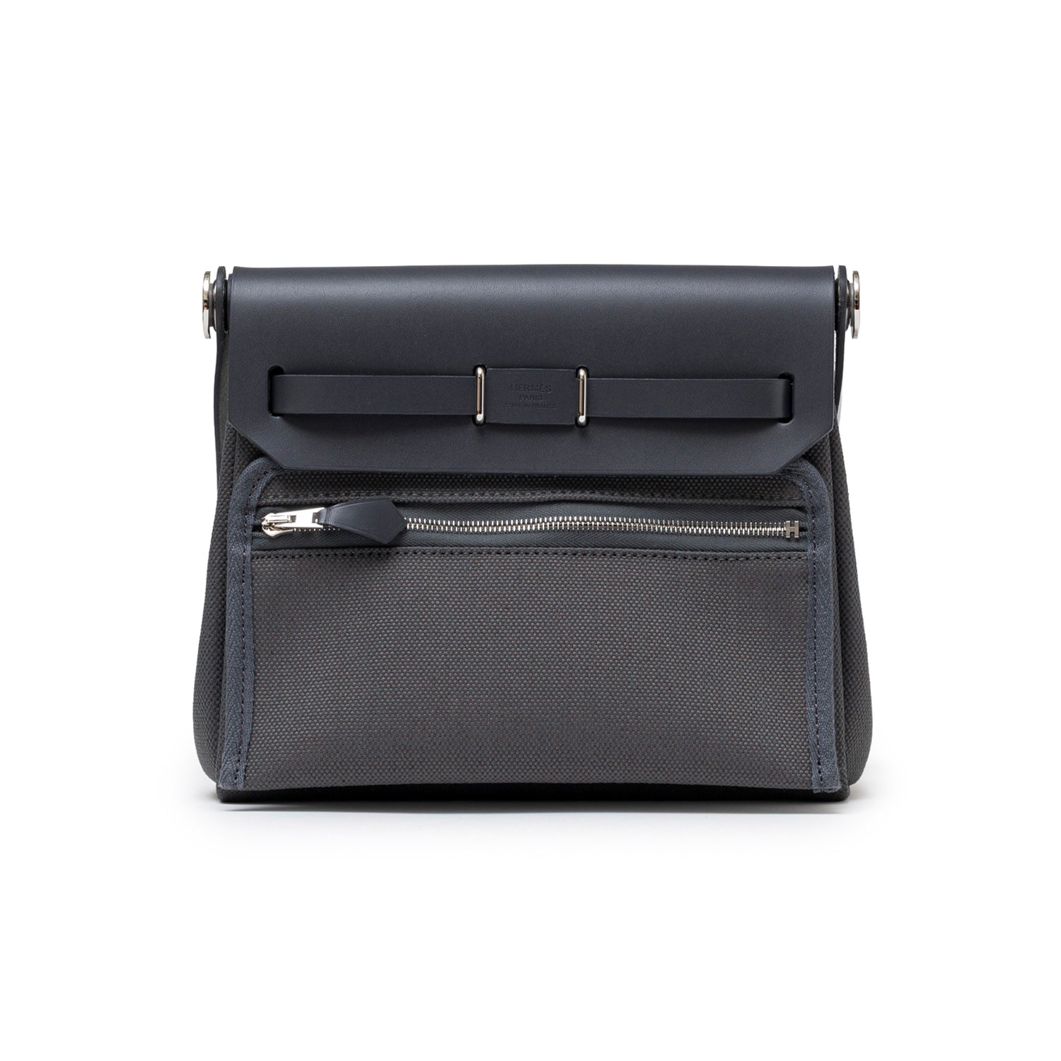 Front view of Hermès Mini Herbag Zip 20 Ardoise Toile and Vache Hunter Palladium Hardware showing zippered pocket and smooth leather trim
