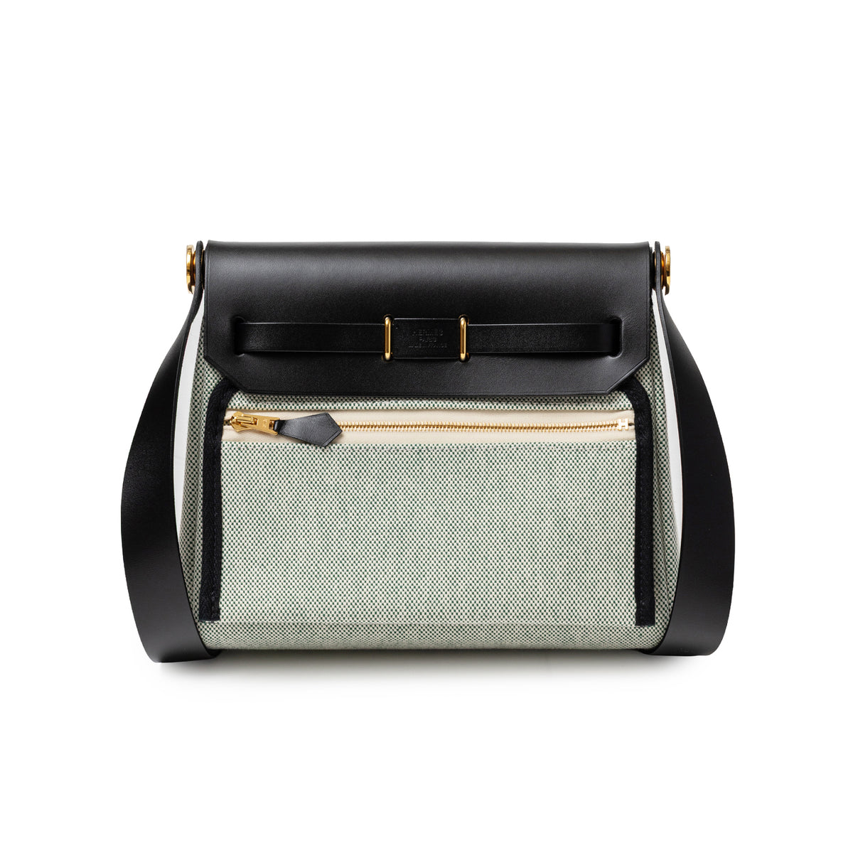 Hermès Mini Herbag Zip 20 Black Ecru Vert Moyen Toile Gold Hardware front view with zip pocket