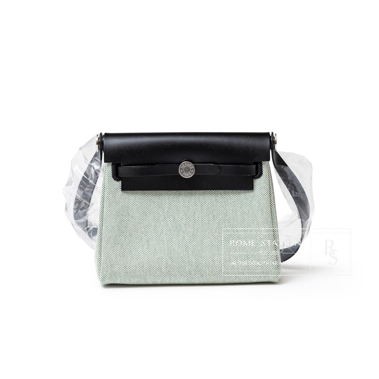 Hermès Mini Herbag Zip 20 Black Ecru/Vert Moyen Toile Palladium Hardware - Front