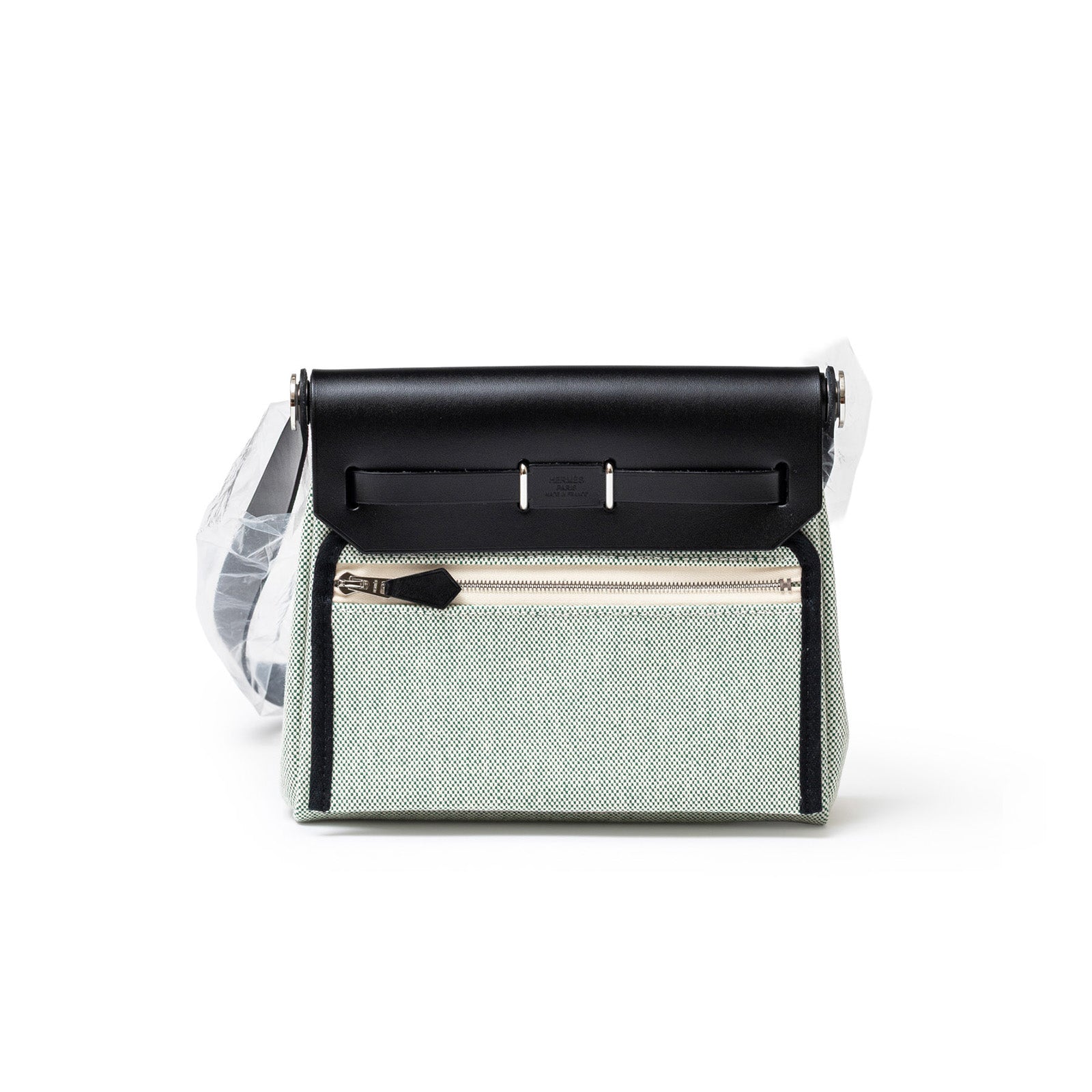 Hermès Mini Herbag Zip 20 Black Ecru/Vert Moyen Toile Palladium Hardware - Back