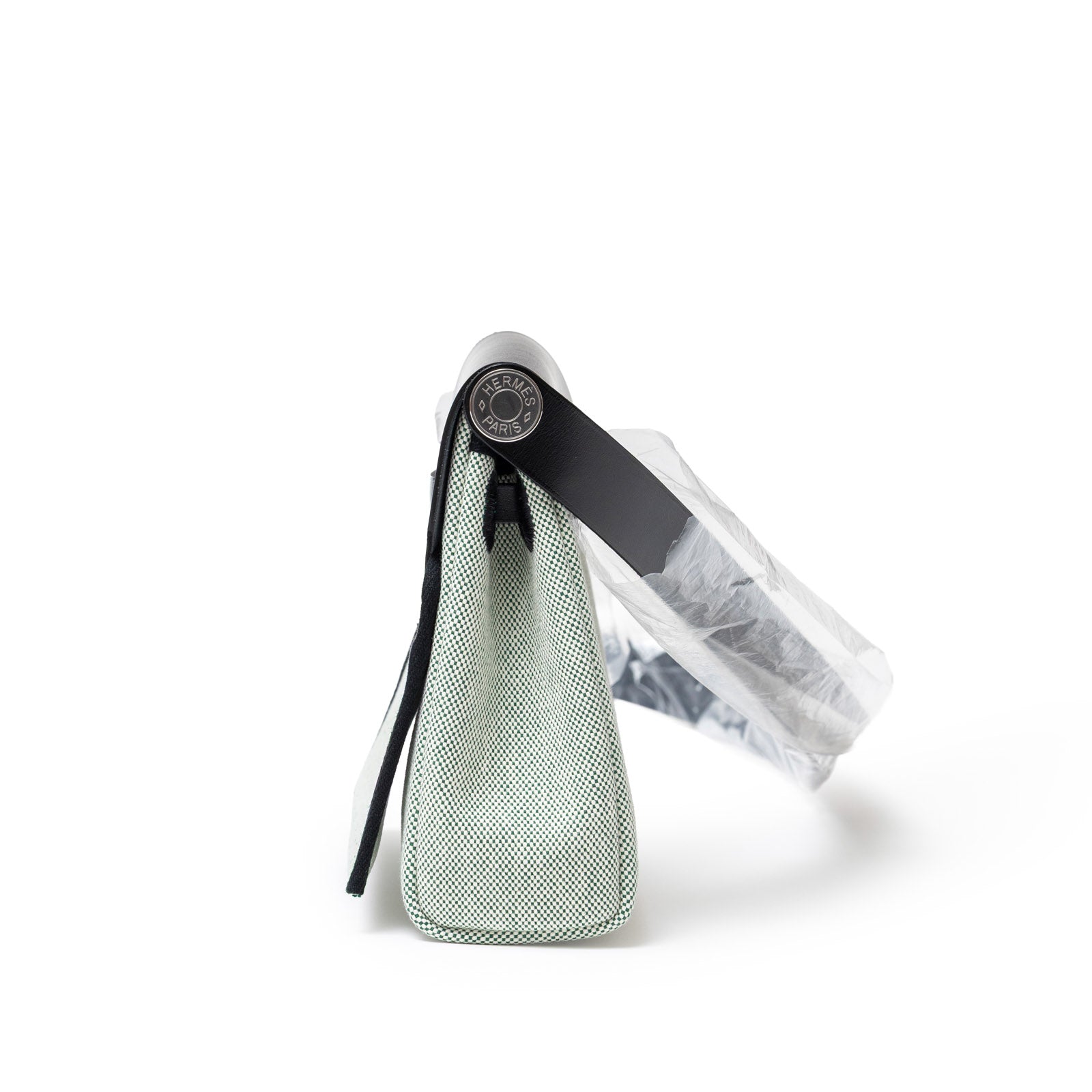 Hermès Mini Herbag Zip 20 Black Ecru/Vert Moyen Toile Palladium Hardware - Side Left
