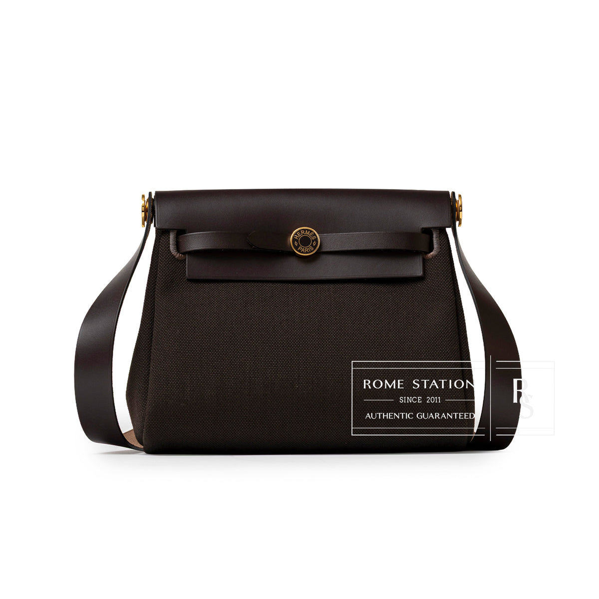Hermès Mini Herbag Zip 20 Ebene Toile and Vache Hunter Gold Hardware front view with flap and turnlock