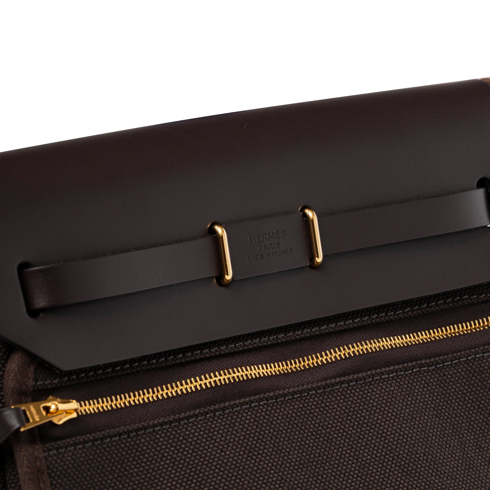 Hermès Mini Herbag Zip 20 Ebene Toile and Vache Hunter Gold Hardware back zipper and strap detail