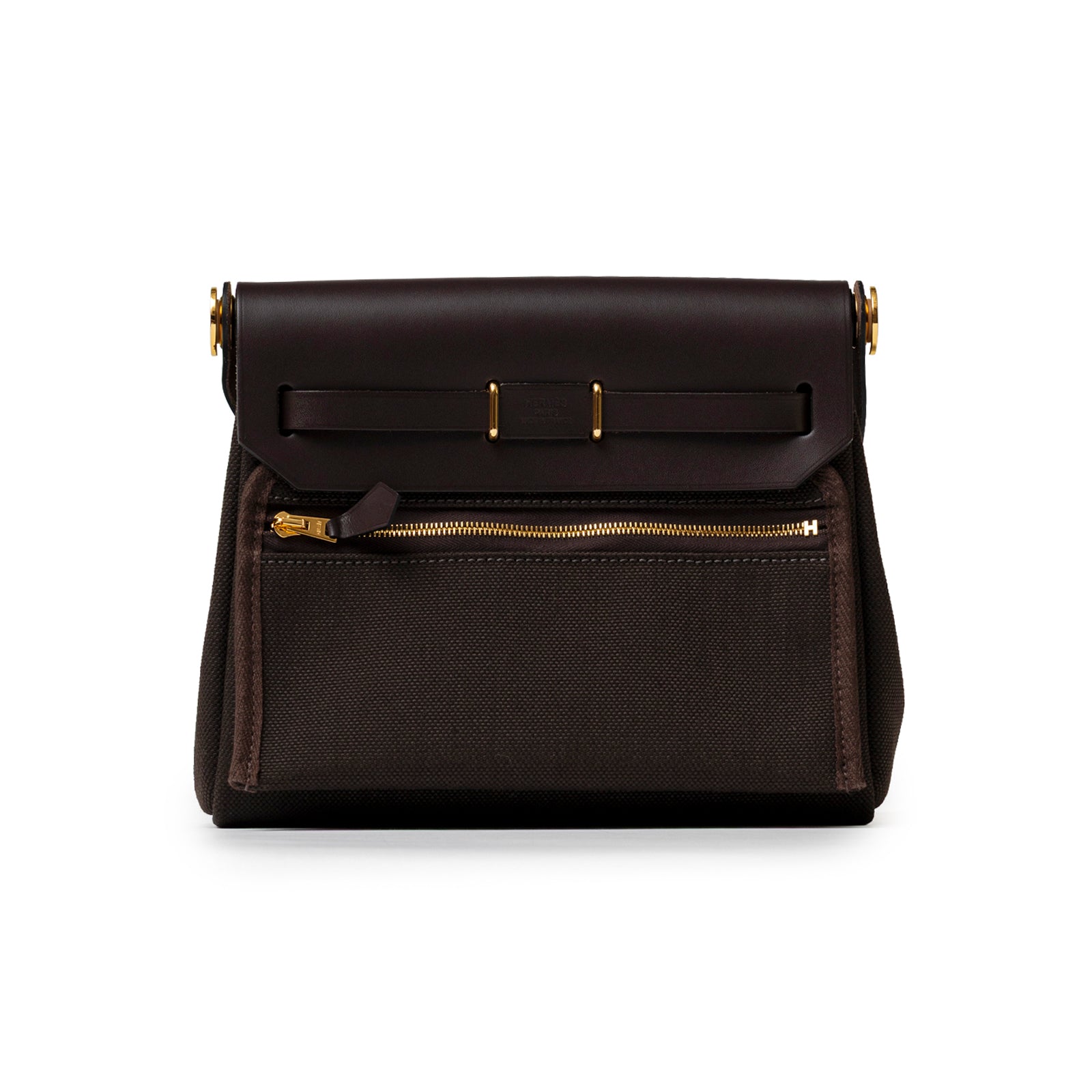 Hermès Mini Herbag Zip 20 Ebene Toile and Vache Hunter Gold Hardware back view with zipper pocket