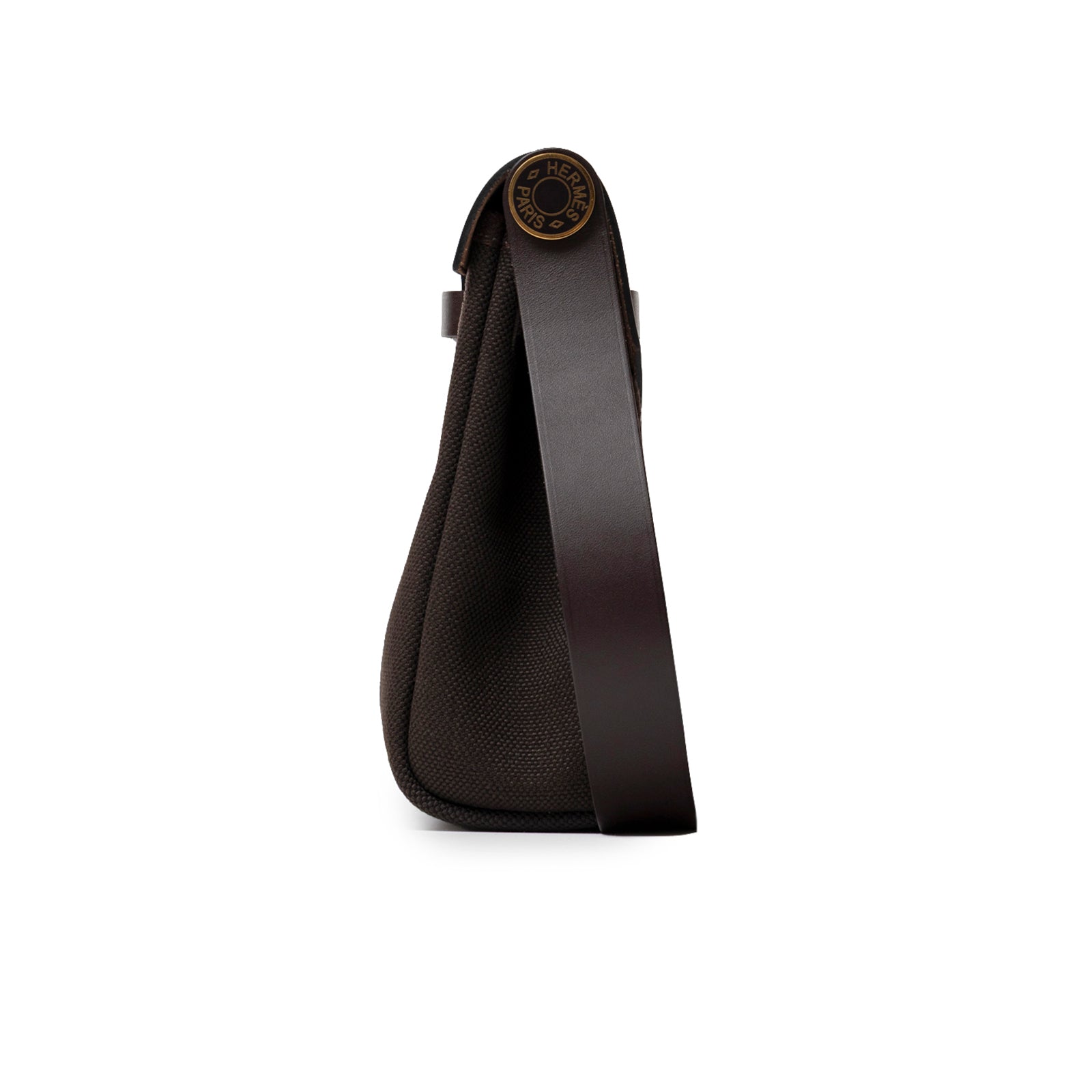 Hermès Mini Herbag Zip 20 Ebene Toile and Vache Hunter Gold Hardware side profile with strap