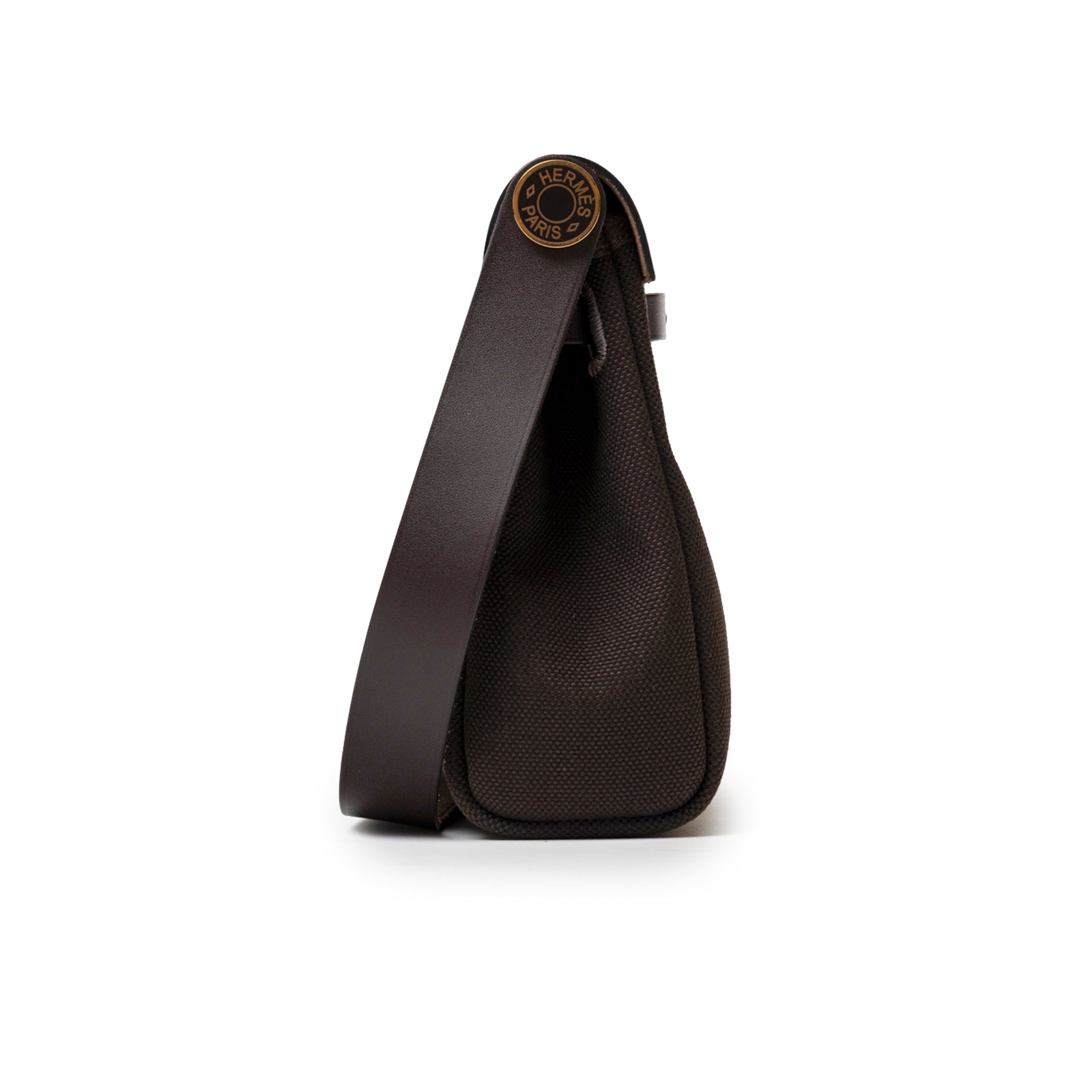 Hermès Mini Herbag Zip 20 Ebene Toile and Vache Hunter Gold Hardware side profile with round logo detail