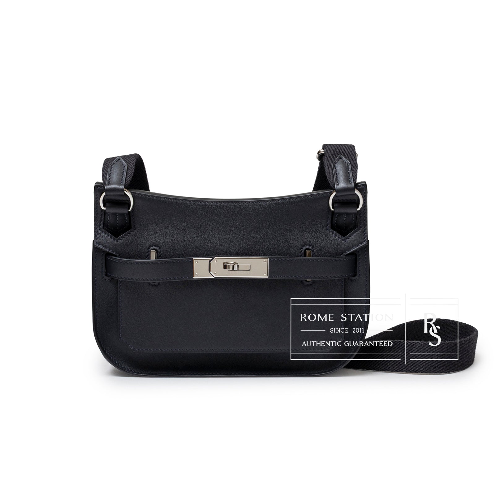 Front view of Hermès Mini Jypsiere Caban Swift Palladium Hardware in black leather with adjustable strap