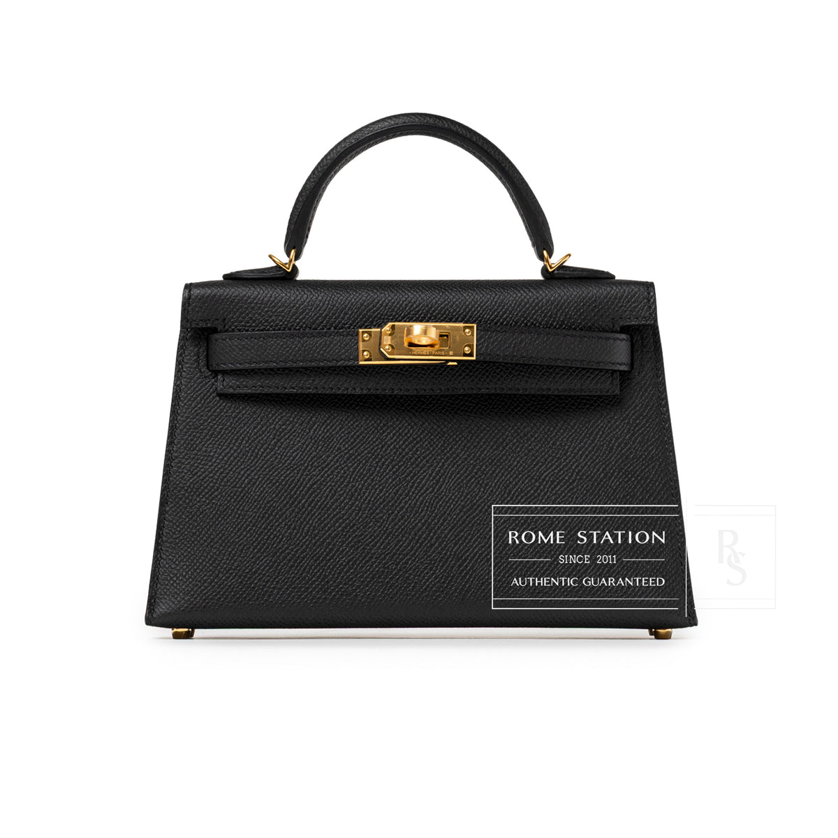 Front view of Hermès Mini Kelly II Sellier 20 Black Epsom Gold Hardware with structured leather and gold clasp detail