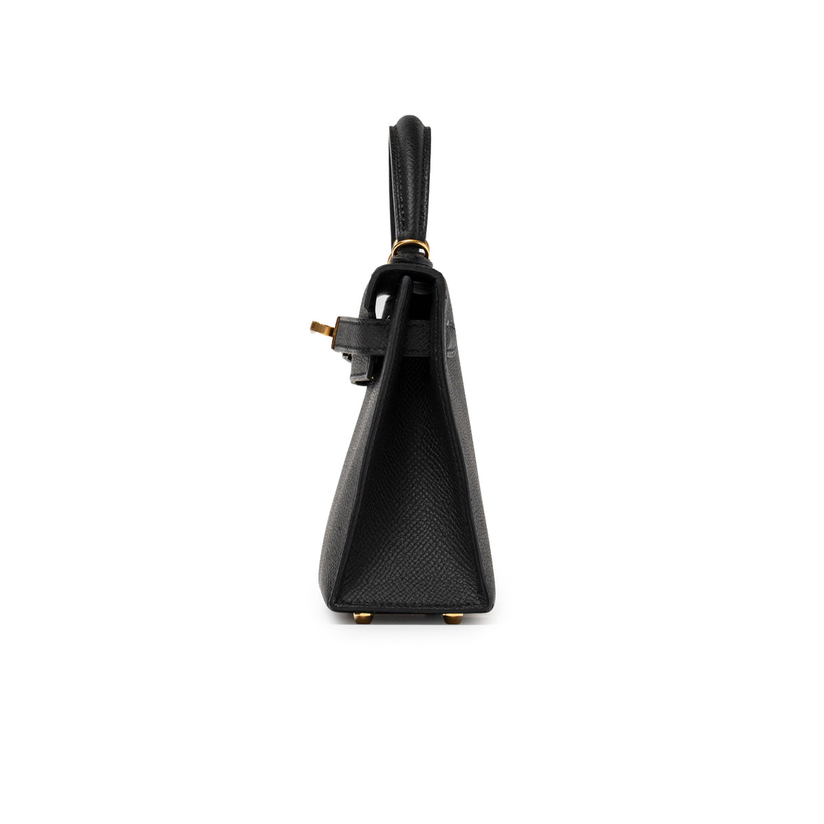Side profile of Hermès Mini Kelly II Sellier 20 Black Epsom Gold Hardware showing sleek structured silhouette and handle detail