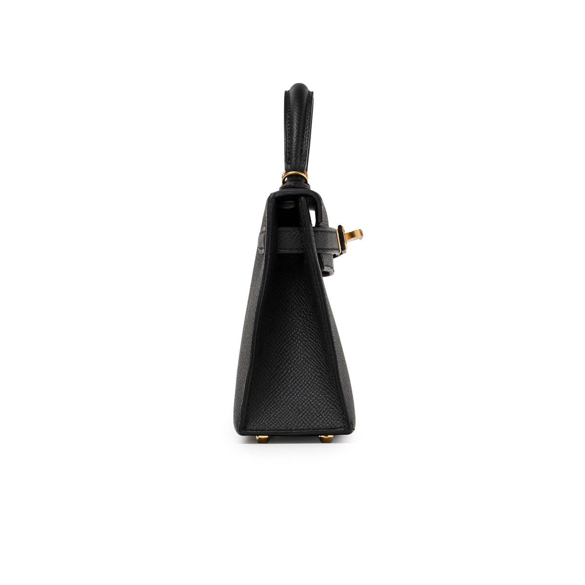 Side profile of Hermès Mini Kelly II Sellier 20 Black Epsom Gold Hardware showing structured silhouette and gold feet detail