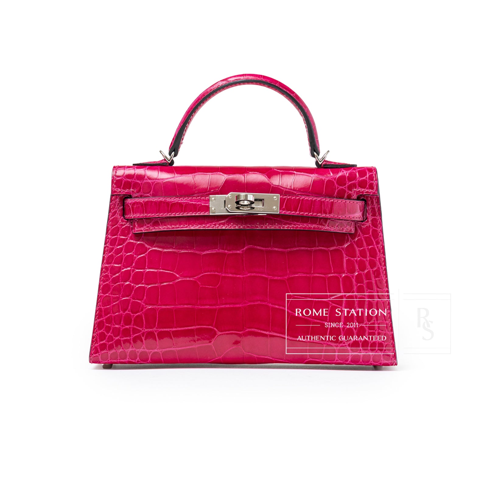 Front view of Hermès Mini Kelly II Sellier 20 Rose Mexico Shiny Alligator Palladium Hardware bag