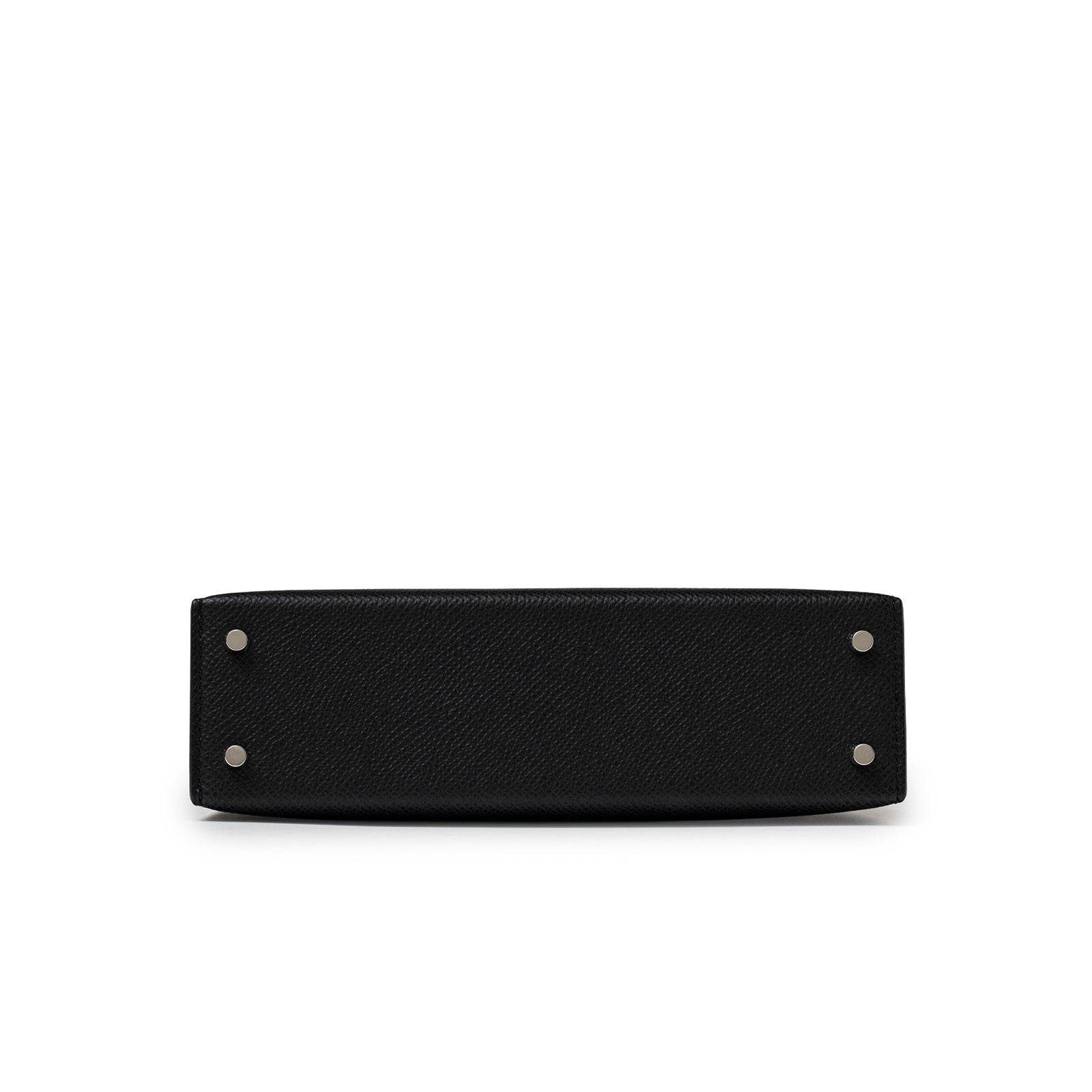 Bottom view of Hermès Mini Kelly II Sellier Black Epsom Palladium Hardware showing four metal feet on textured leather