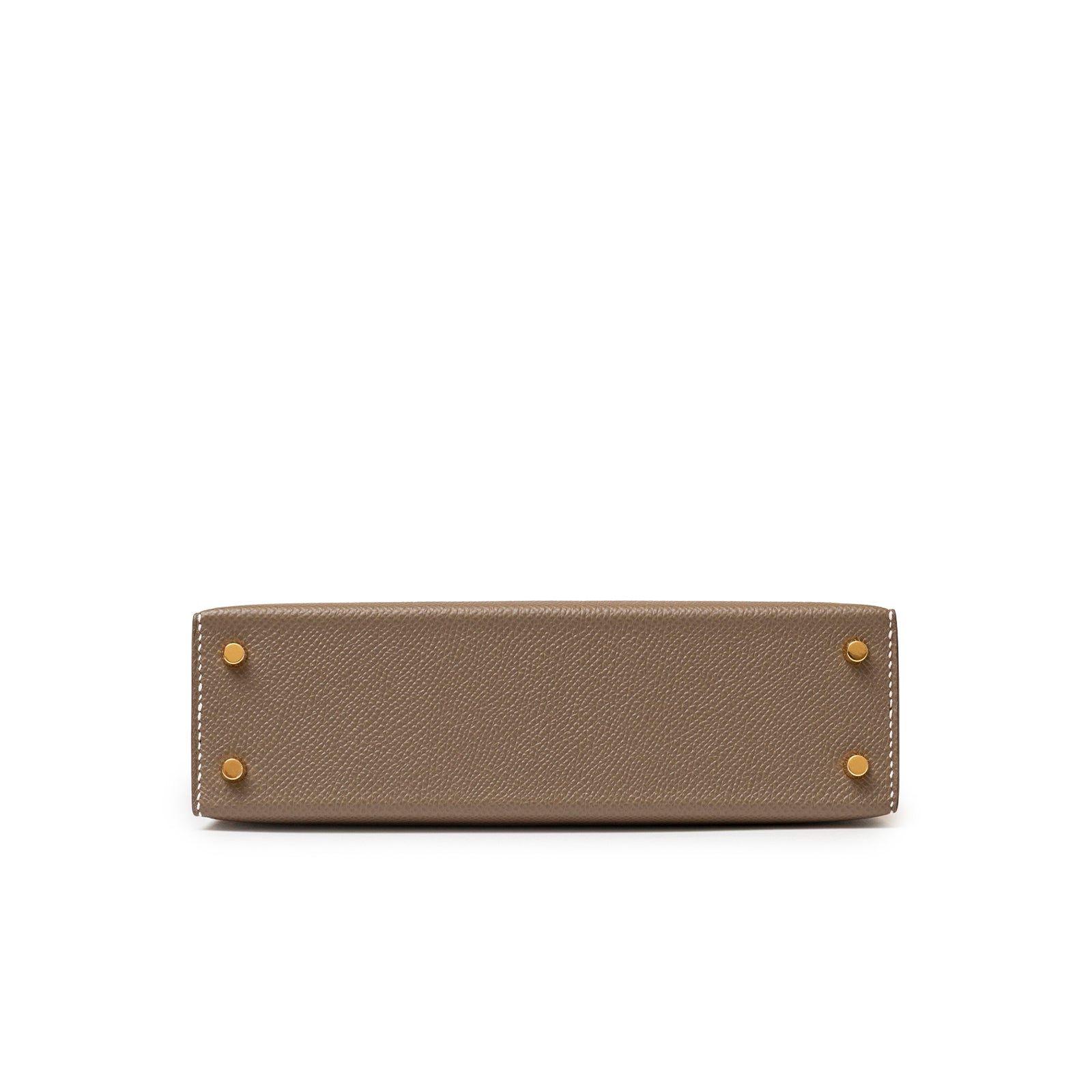 Bottom view showcasing the textured Etoupe leather and gold hardware feet of the Hermès Mini Kelly II Sellier Etoupe Epsom Gold Hardware.