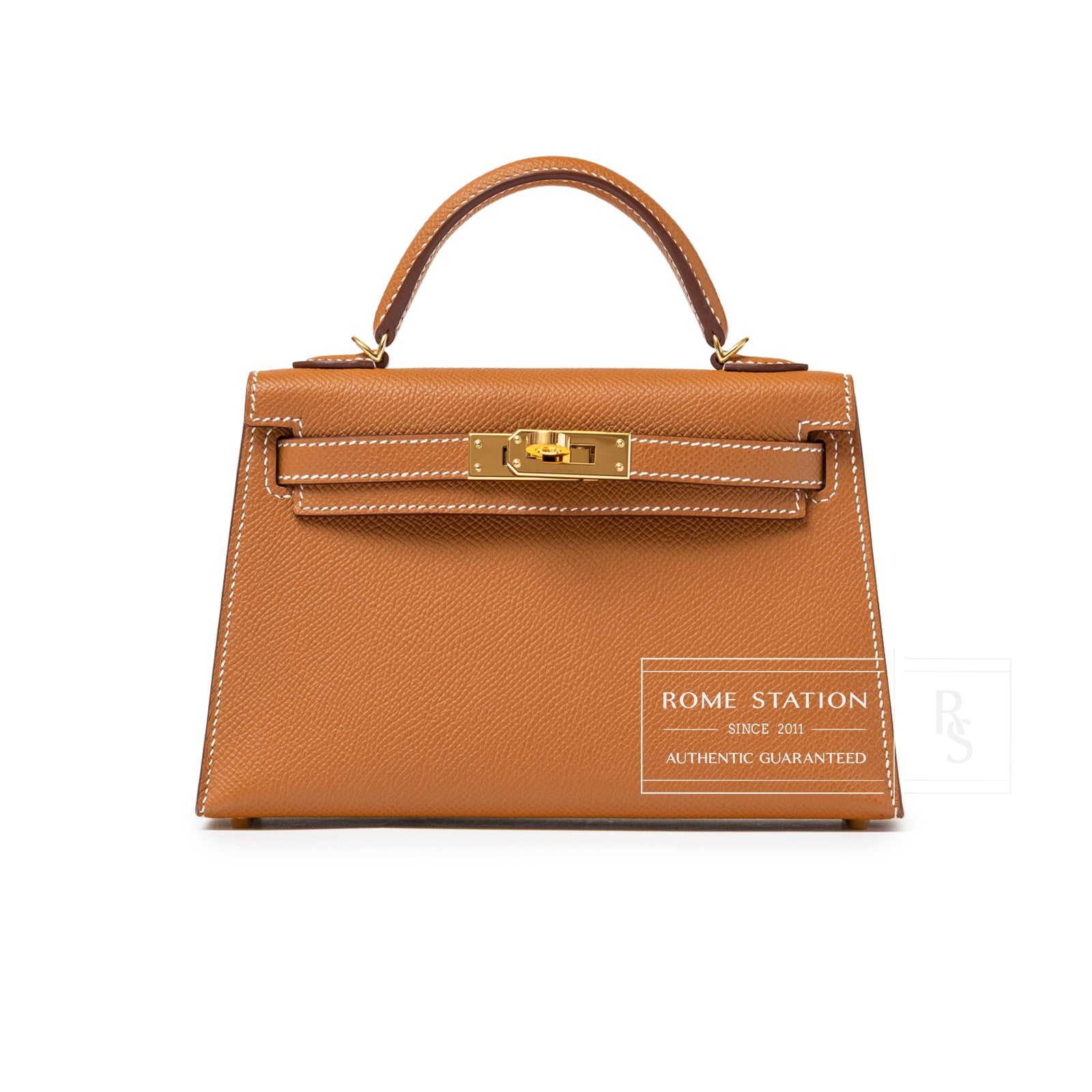Front view of Hermès Mini Kelly II Sellier Gold Epsom Gold Hardware handbag with top handle and clasp closure
