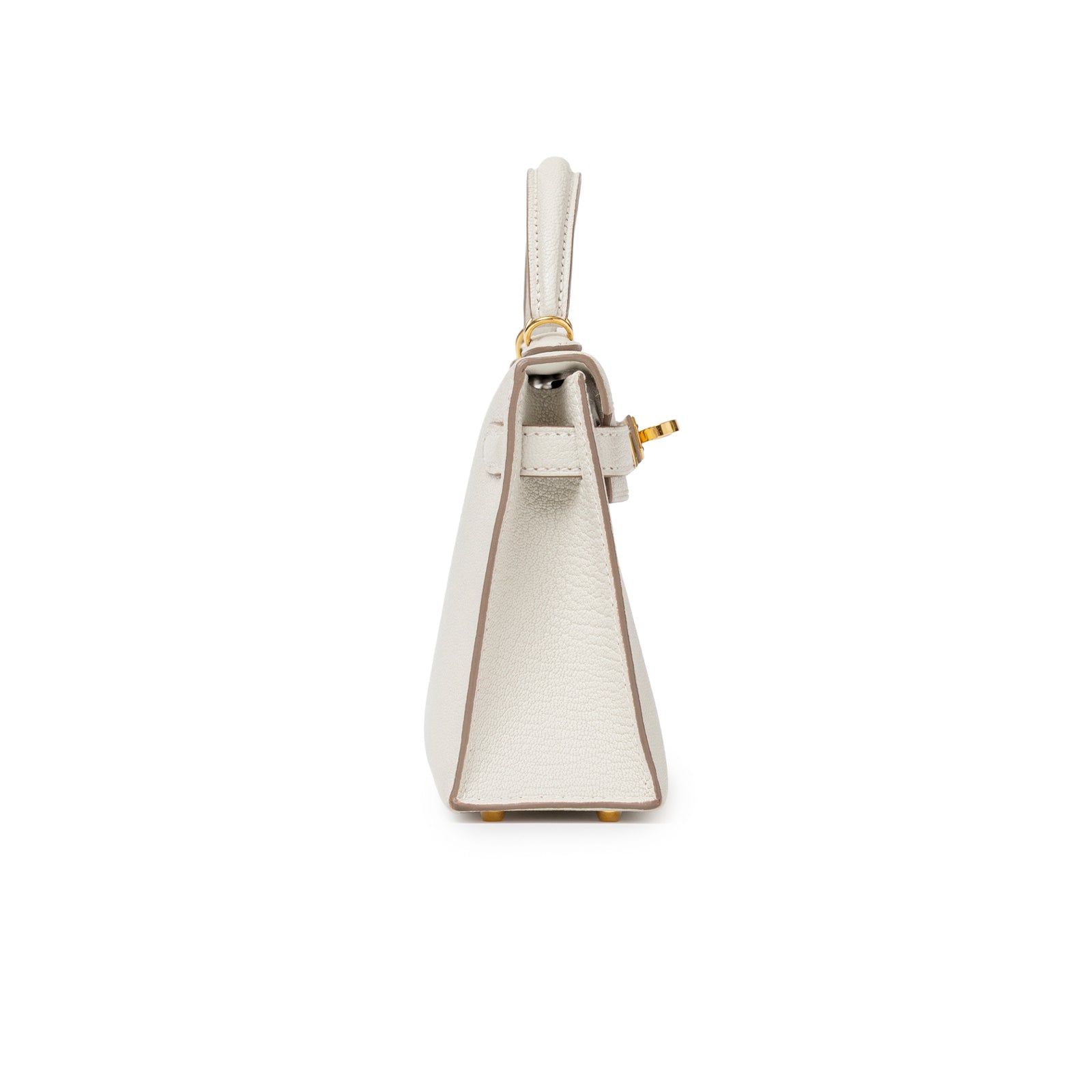 Side view of Hermès Mini Kelly II Sellier Mushroom Chevre Mysore Gold Hardware showing smooth leather profile and handle detail