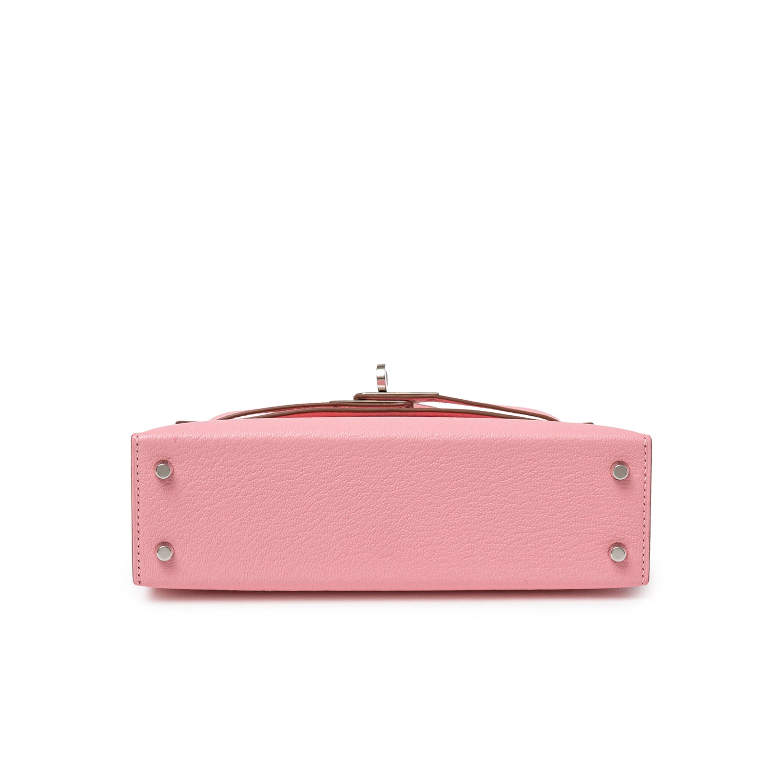 Bottom view of Hermès Mini Kelly II Sellier Rose Confetti Chevre Mysore Palladium Hardware showing base feet and leather texture