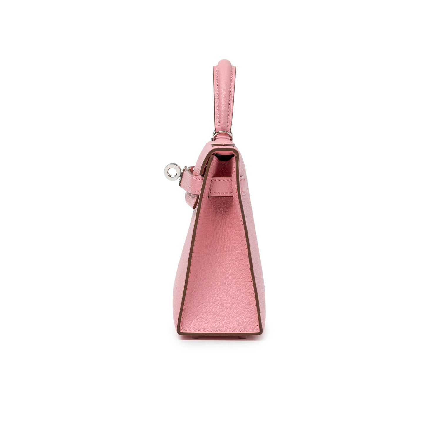 Side view of Hermès Mini Kelly II Sellier Rose Confetti Chevre Mysore Palladium Hardware handbag showing slim profile