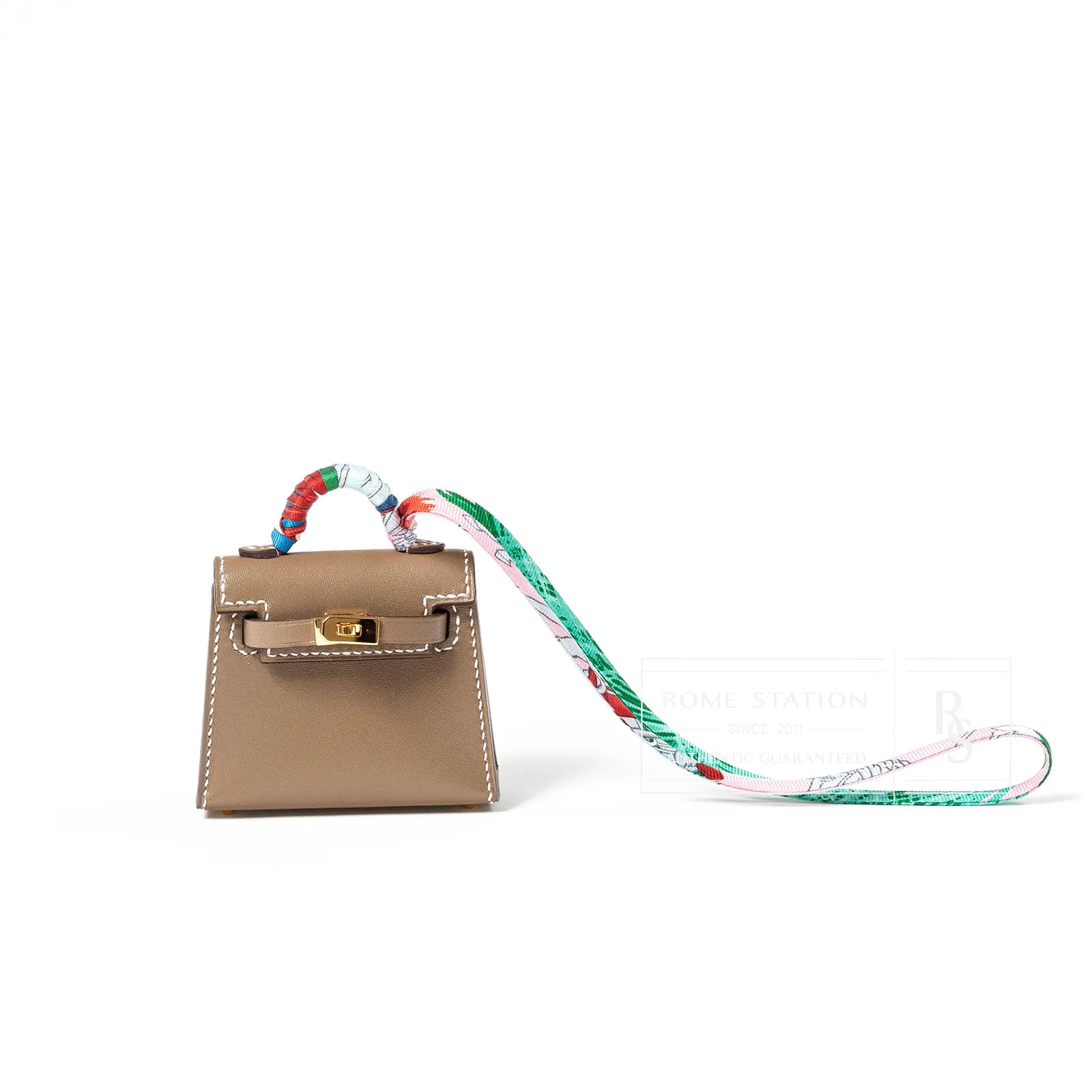 Hermès Mini Kelly Twilly Bag Charm Etoupe Tadelakt Gold Hardware