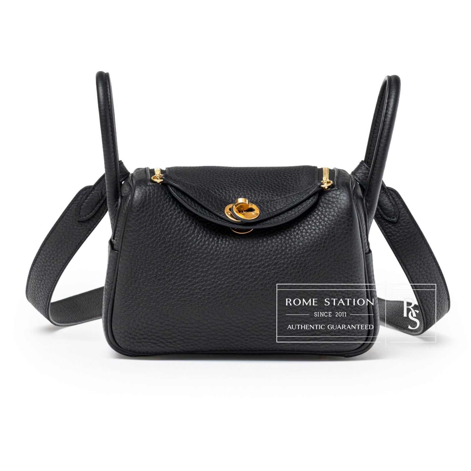 Front view of Hermès Mini Lindy I Black Clemence Gold Hardware showing pebbled leather texture and gold clasp