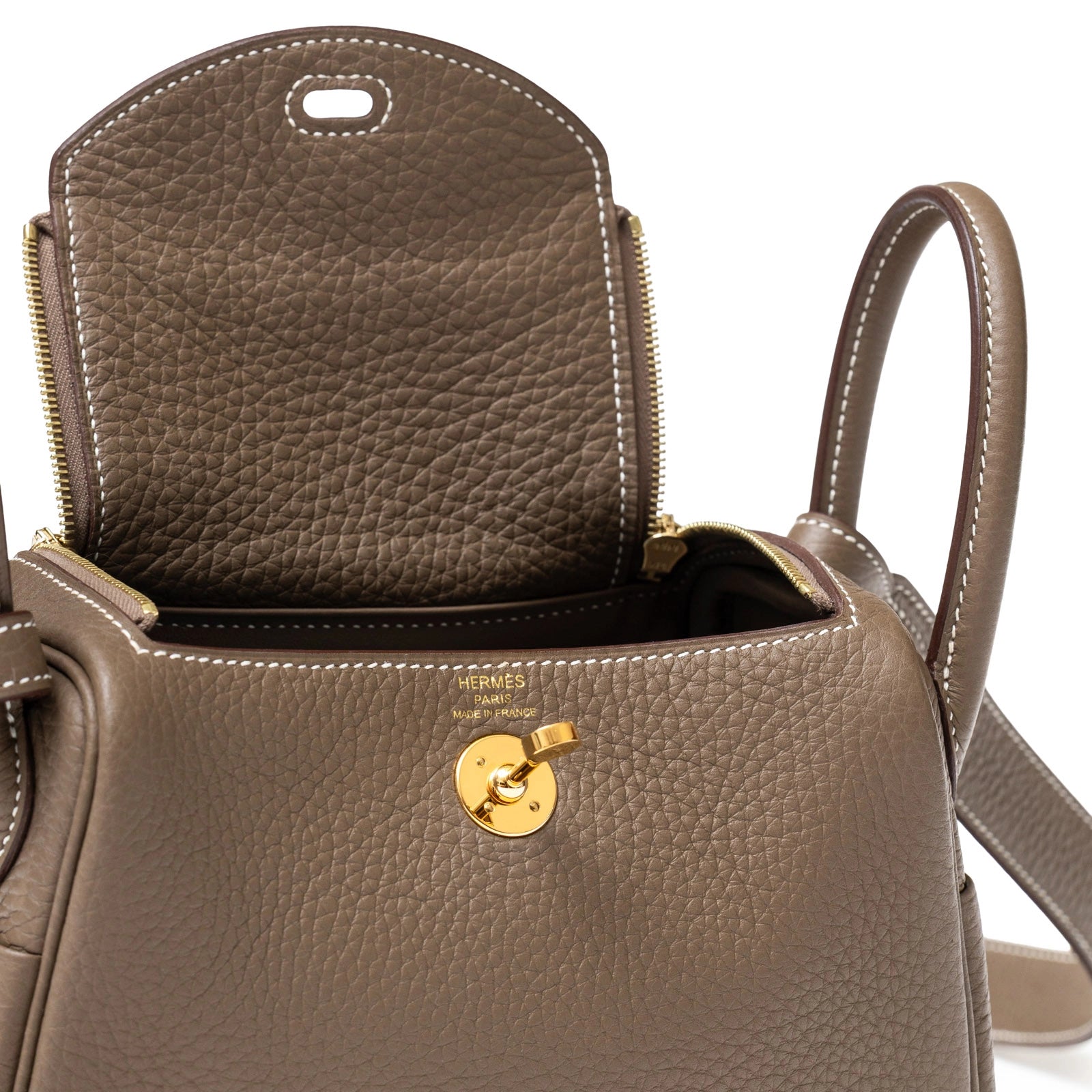 Hermès Mini Lindy I Etoupe Clemence Gold Hardware - Close Up